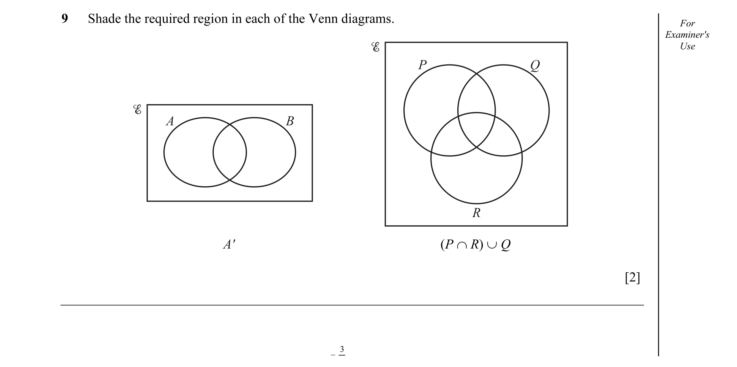 Question 11: Shade the required region in each of the Venn diagrams. For Examiner's Use P Q A B R A' (P ∩ R) ∪ Q [2] _ 3