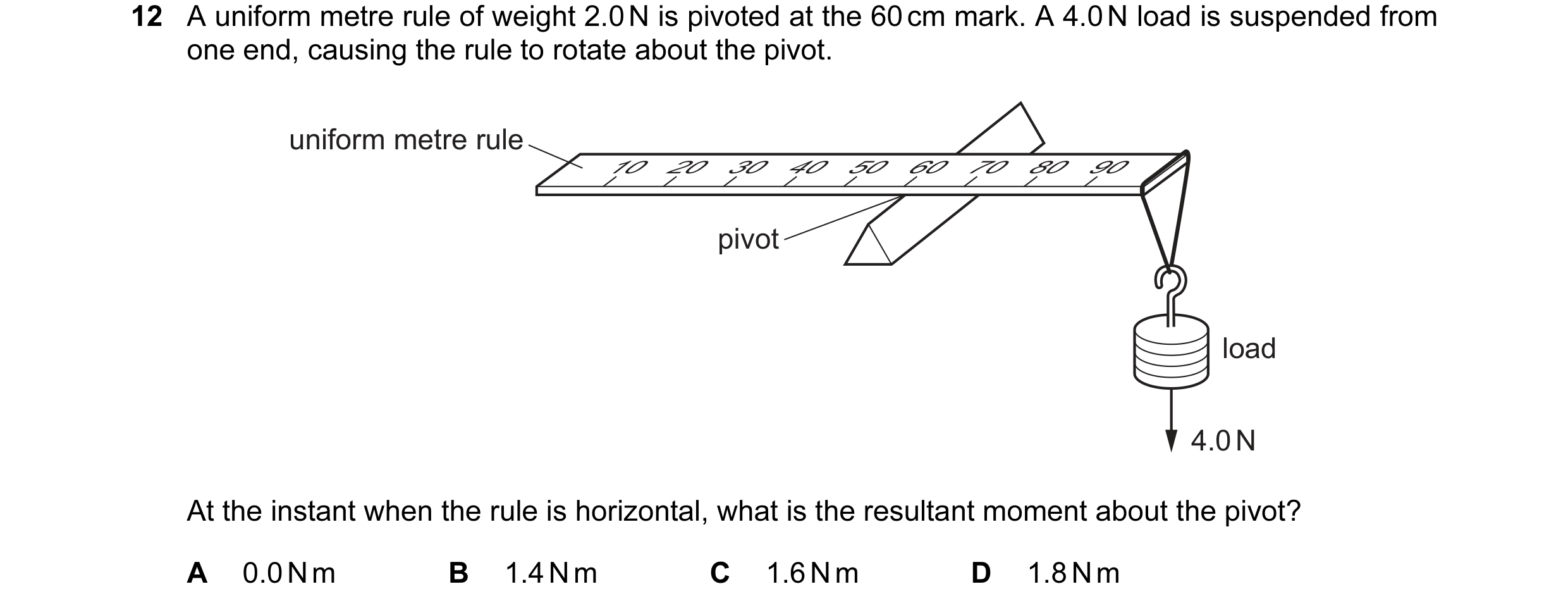 Question 62: A uniform metre rule of weight 2.0 N is pivoted at the 60 cm mark. A 4.0 N load is suspended from one end, causing the rule to rotate about…