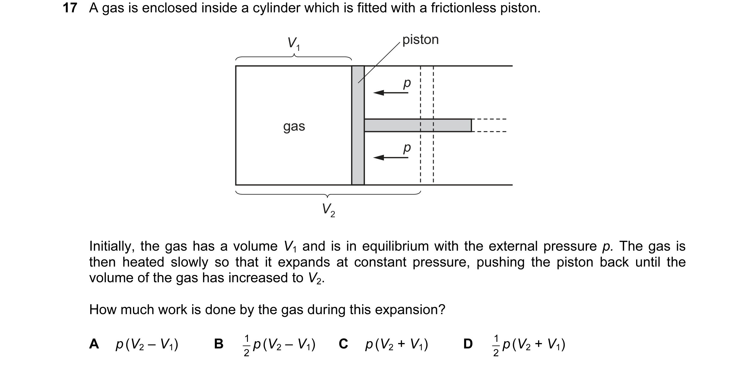 Question 7: A gas is enclosed inside a cylinder which is fitted with a frictionless piston. V1 piston p gas p V2 Initially, the gas has a volume V1 and…