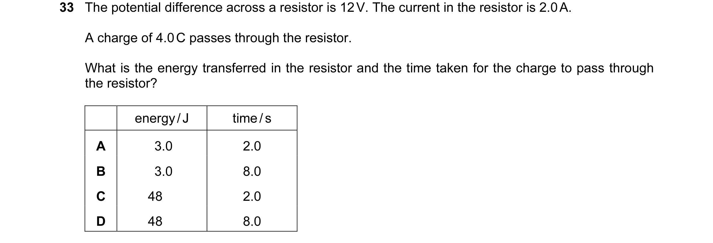 Question 95: The potential difference across a resistor is 12 V. The current in the resistor is 2.0 A. A charge of 4.0 C passes through the resistor. Wh…
