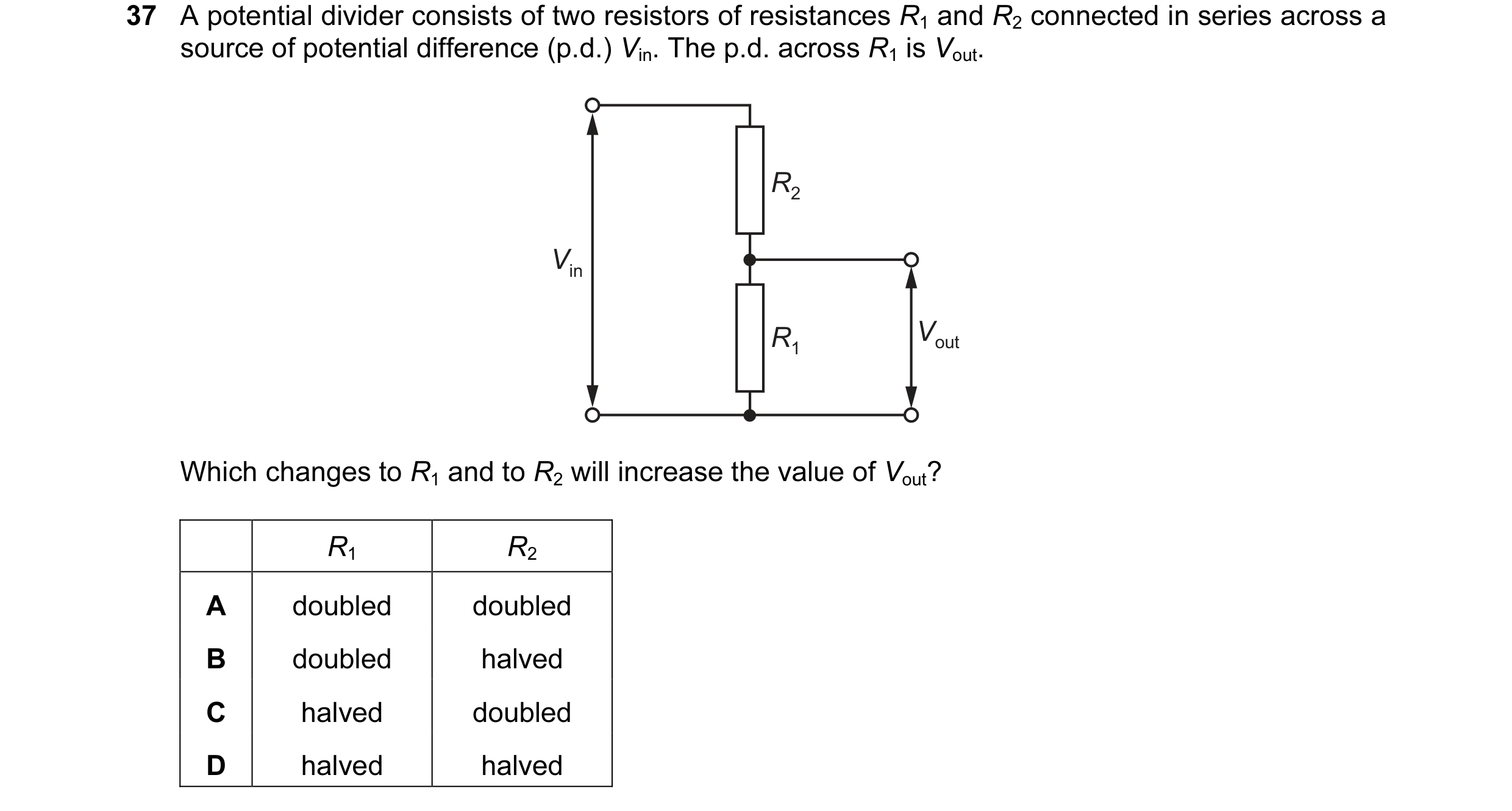 Question 59: A potential divider consists of two resistors of resistances R1 and R2 connected in series across a source of potential difference (p.d.) V…