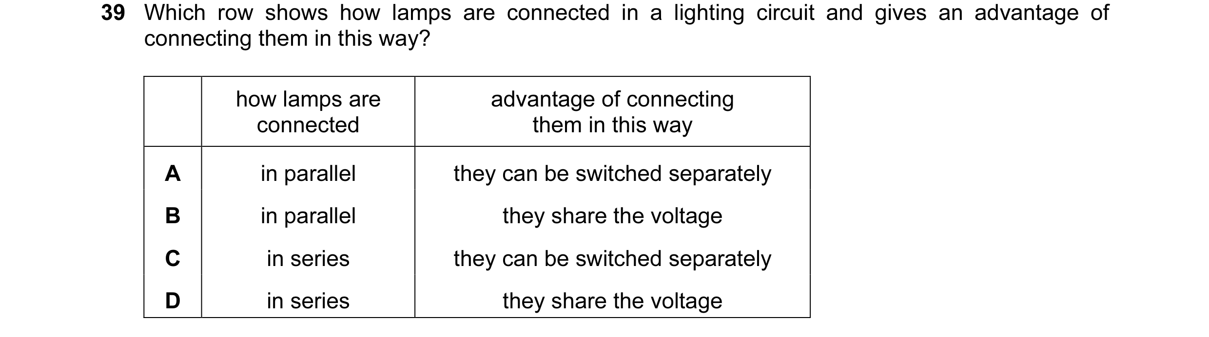 Question 53: Which row shows how lamps are connected in a lighting circuit and gives an advantage of connecting them in this way? how lamps are advantag…