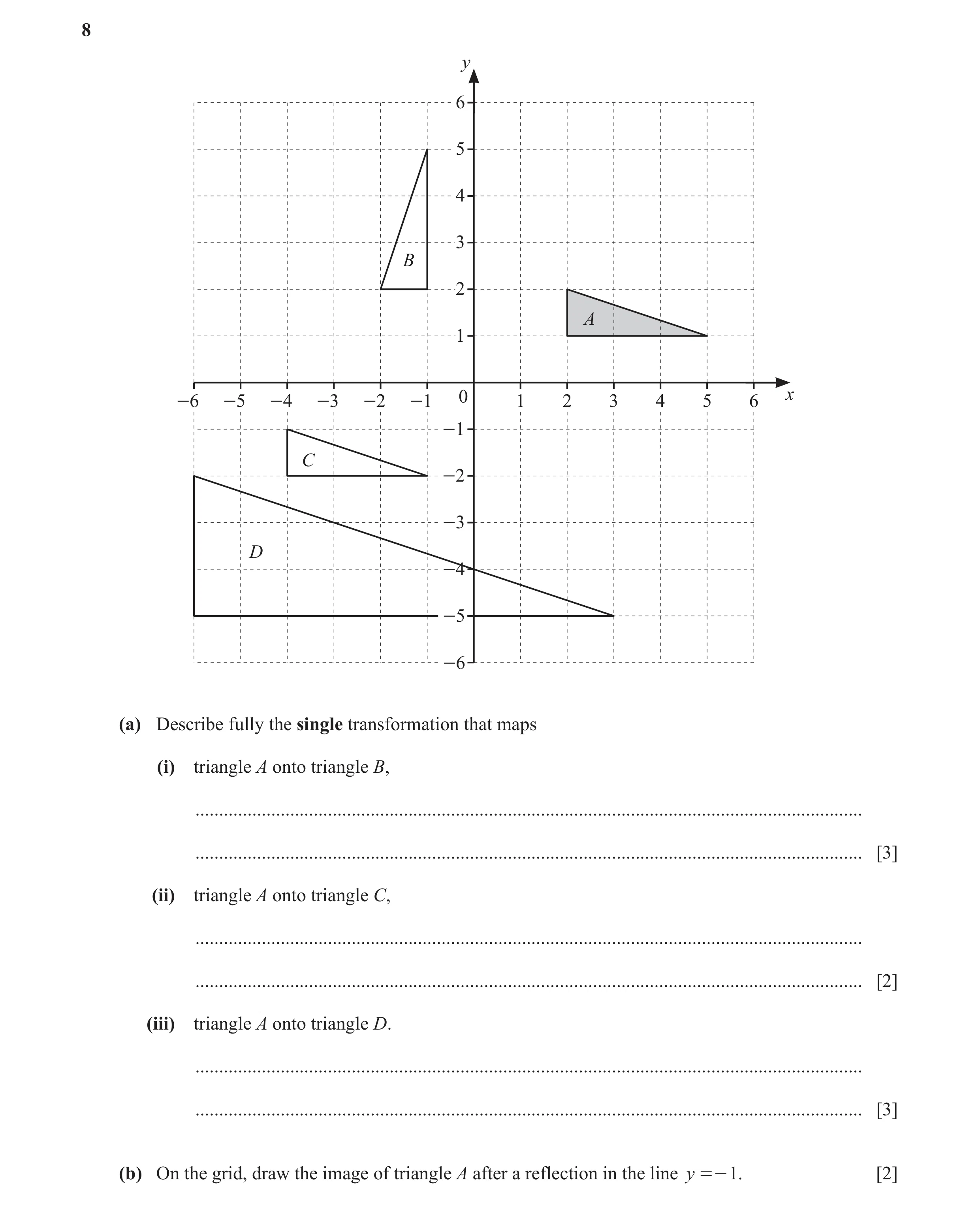 Question 61: y 6 5 4 3 B 2 A 1 -6 -5 -4 -3 -2 -1 0 1 2 3 4 5 6 x -1 C -2 -3 D -4 -5 -6 (a) Describe fully the single transformation that maps (i) triang…