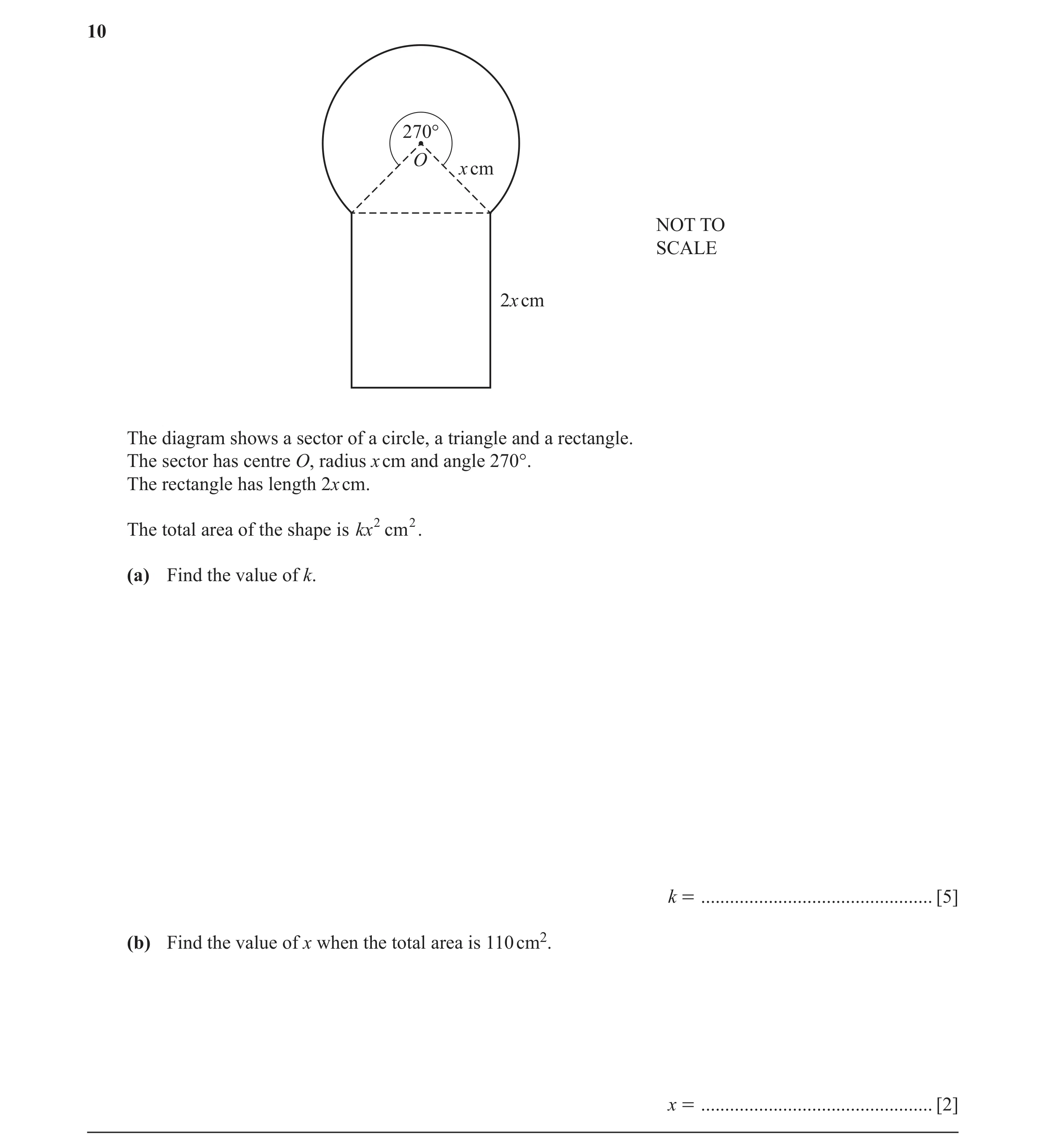 Question 2: 270° O x cm NOT TO SCALE 2x cm The diagram shows a sector of a circle, a triangle and a rectangle. The sector has centre O, radius x cm and…