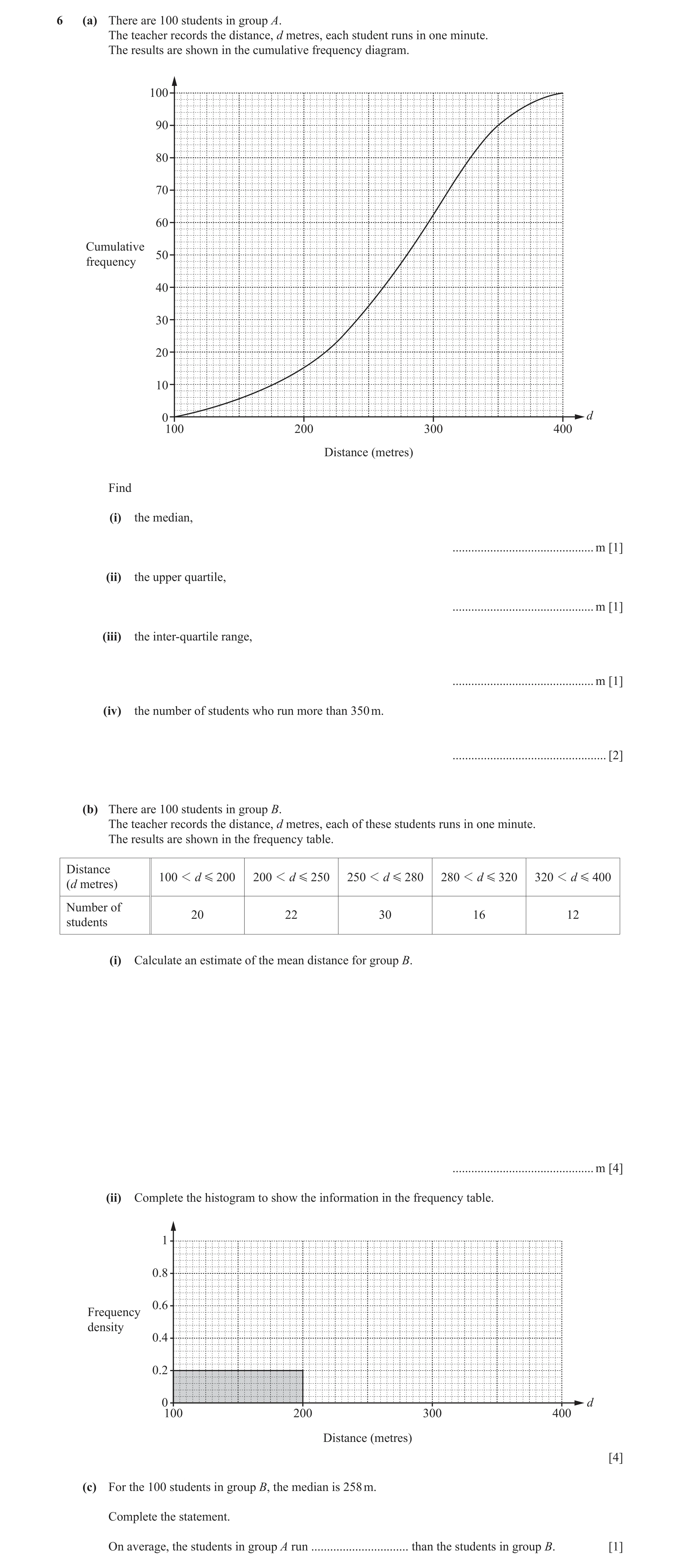 Question 6: (a) There are 100 students in group A. The teacher records the distance, d metres, each student runs in one minute. The results are shown i…