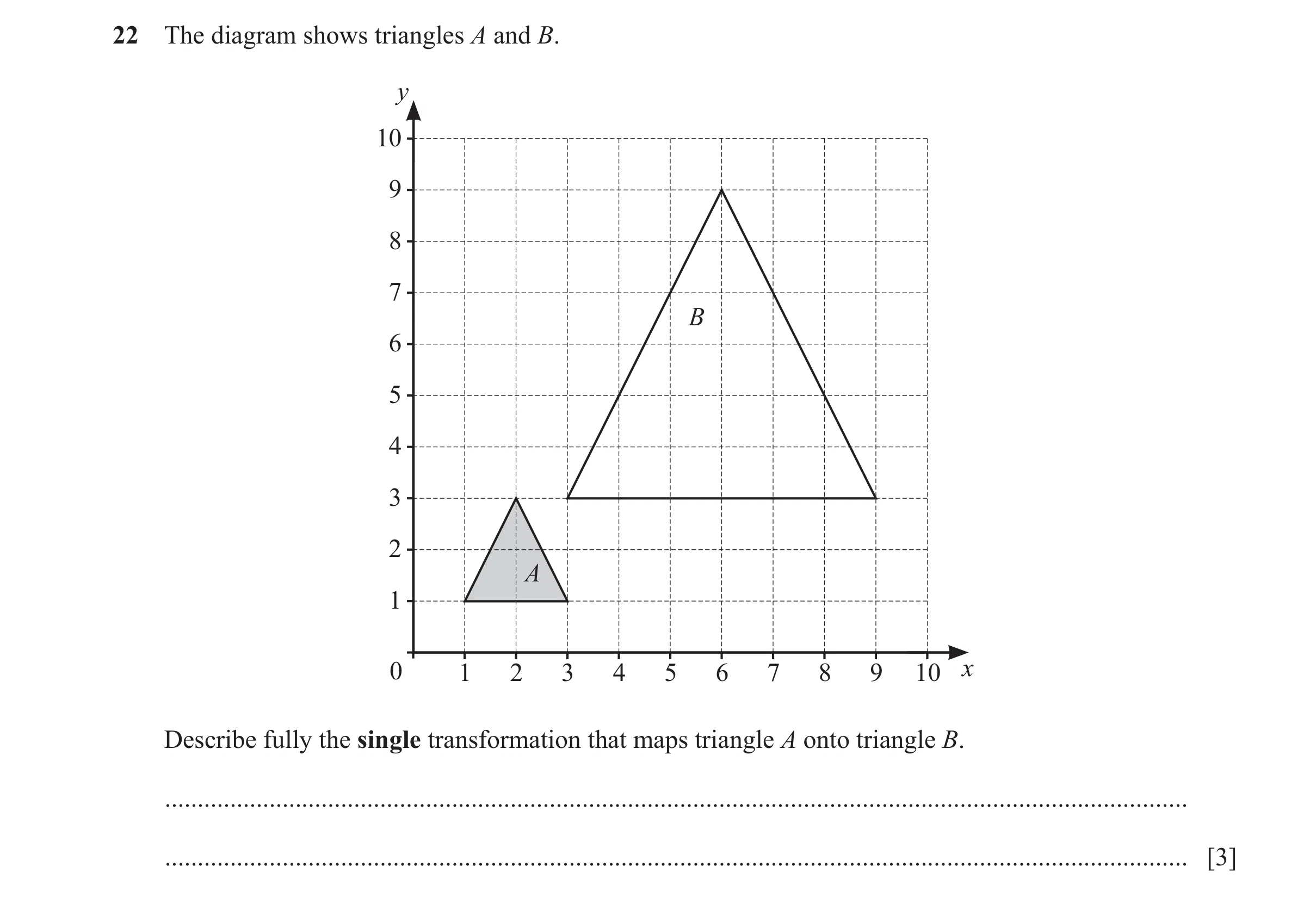 Question 24: The diagram shows triangles A and B. y 10 9 8 7 B 6 5 4 3 2 A 1 0 1 2 3 4 5 6 7 8 9 10 x Describe fully the single transformation that maps…