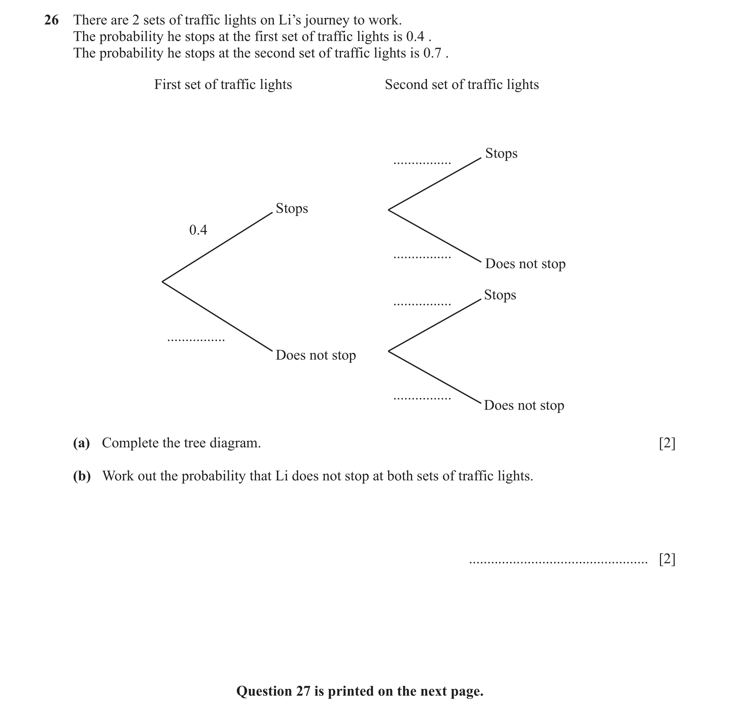 Question 76: There are 2 sets of traffic lights on Li’s journey to work. The probability he stops at the first set of traffic lights is 0.4 . The probab…