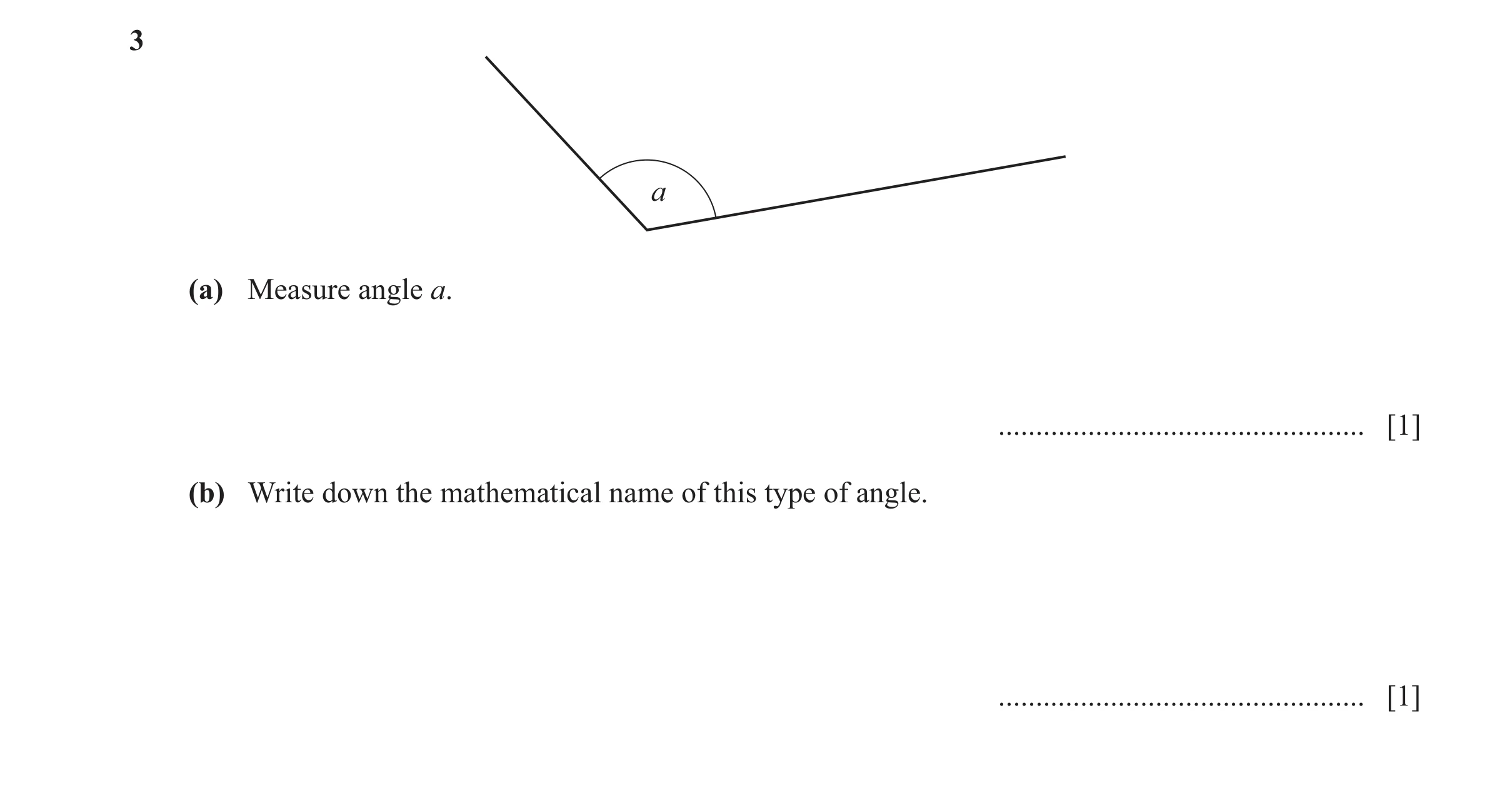 Question 139: a (a) Measure angle a. ................................................. [1] (b) Write down the mathematical name of this type of angle. ..…