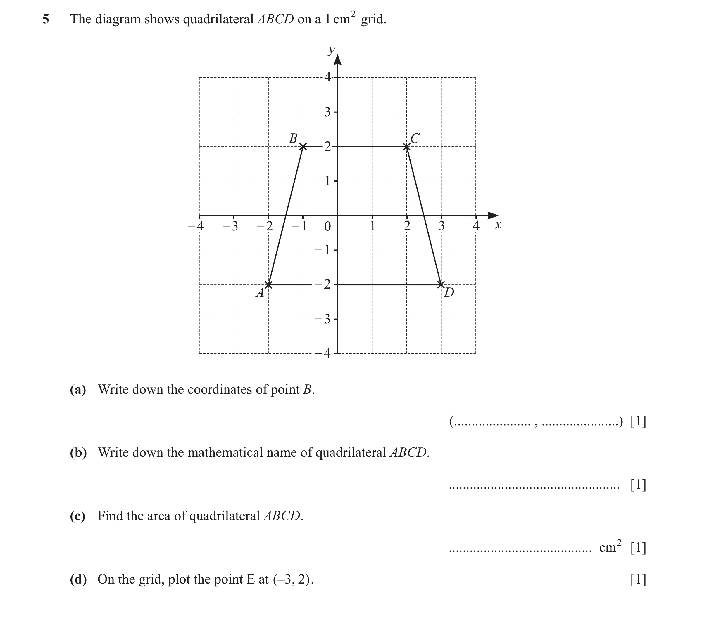 Question 43: The diagram shows quadrilateral ABCD on a 1 cm 2 grid. y 4 3 B C 2 1 – 4 – 3 – 2 – 1 0 1 2 3 4 x – 1 – 2 A D – 3 – 4 (a) Write down the coo…