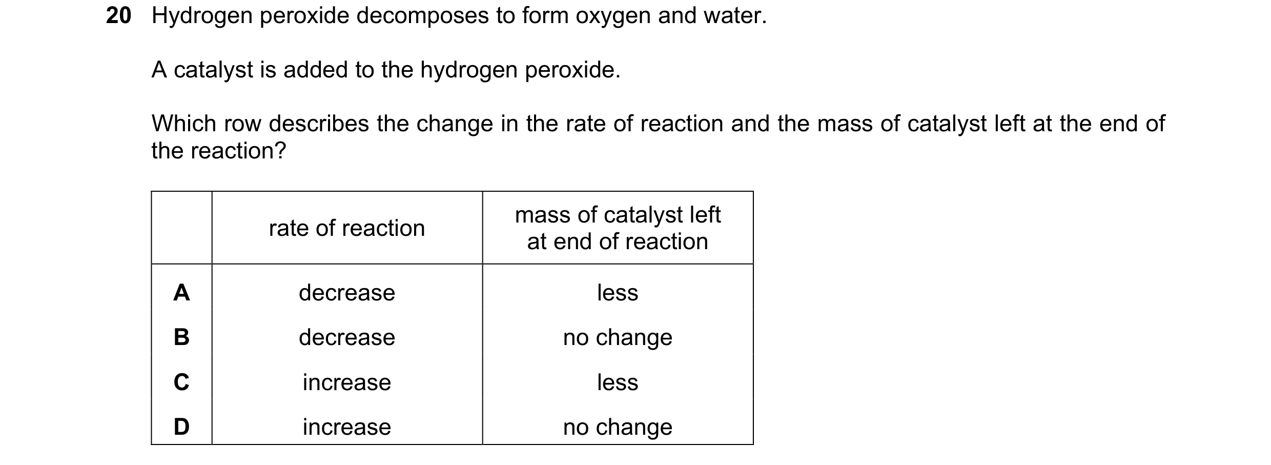 Question 51: Hydrogen peroxide decomposes to form oxygen and water. A catalyst is added to the hydrogen peroxide. Which row describes the change in the …