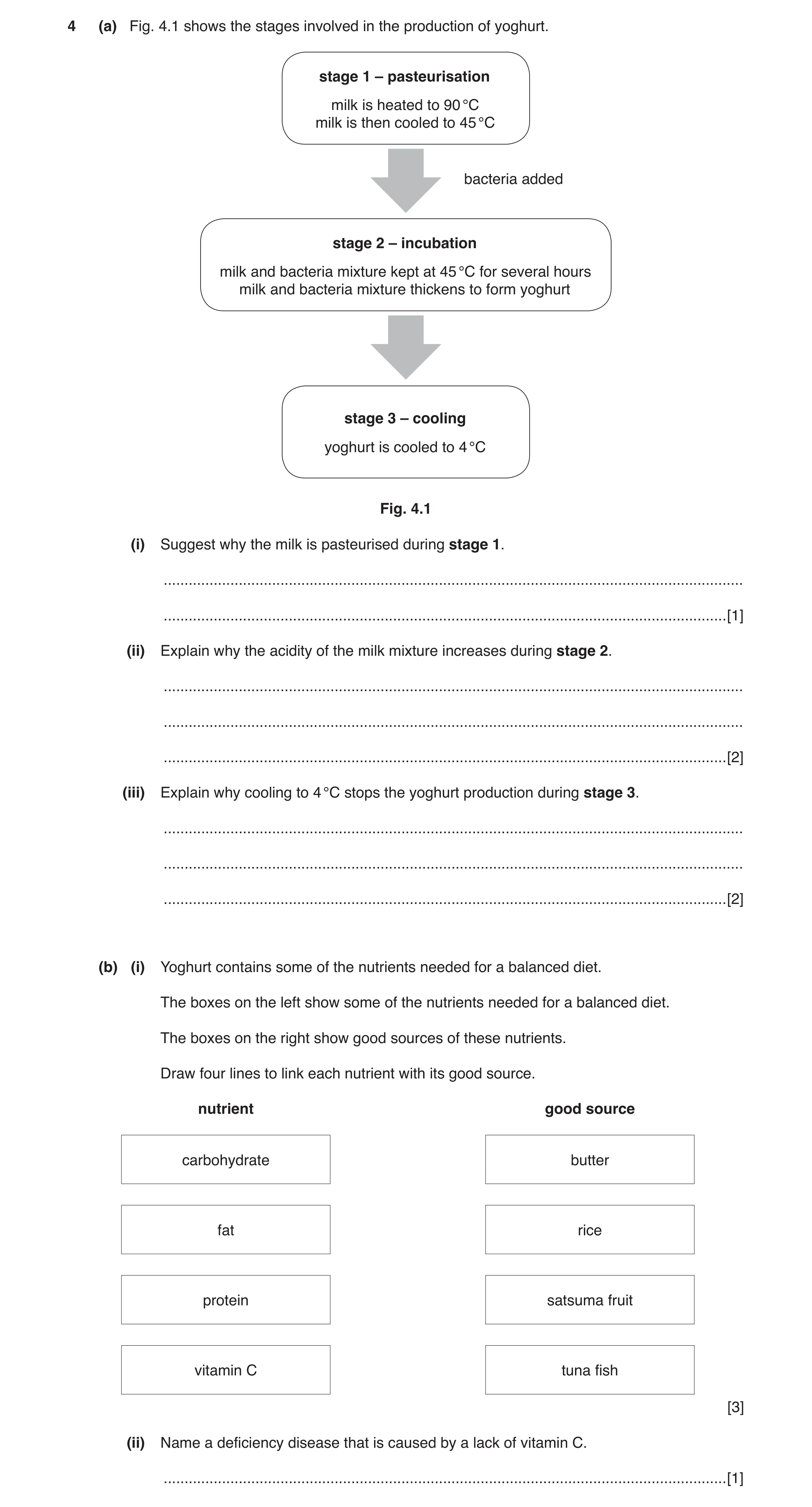 Question 2: (a) Fig. 4.1 shows the stages involved in the production of yoghurt. stage 1 – pasteurisation milk is heated to 90 °C milk is then cooled t…