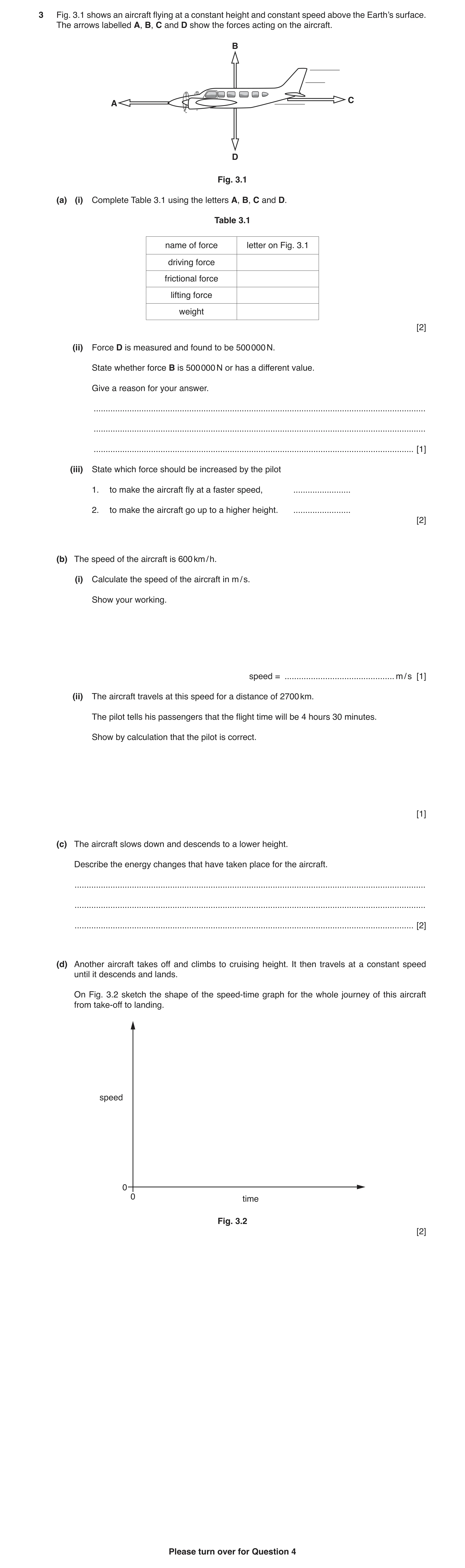 Question 2: Fig. 3.1 shows an aircraft flying at a constant height and constant speed above the Earth’s surface. The arrows labelled A, B, C and D show…