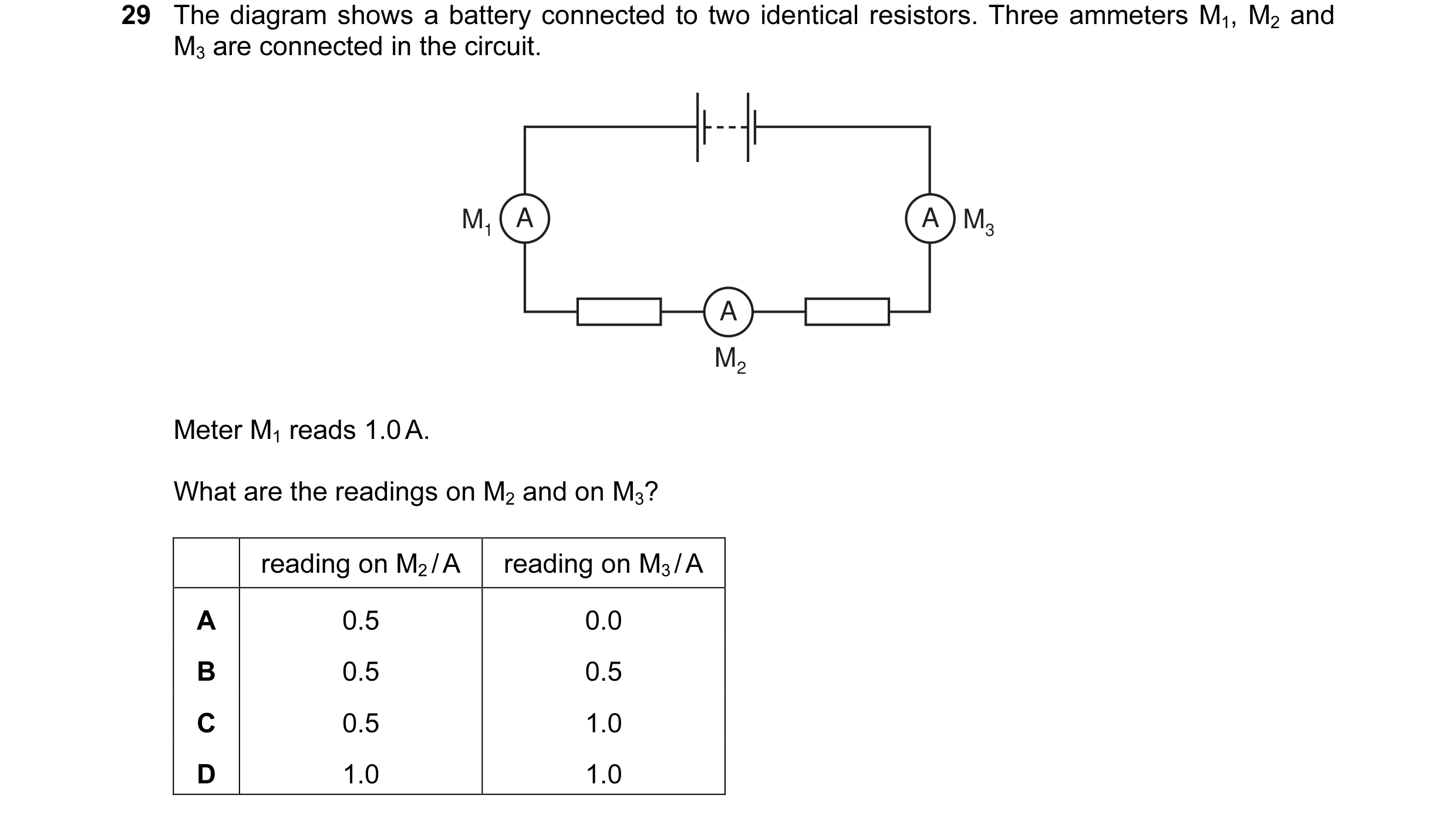Question 34: The diagram shows a battery connected to two identical resistors. Three ammeters M1, M2 and M3 are connected in the circuit. M1 A A M3 A M2…