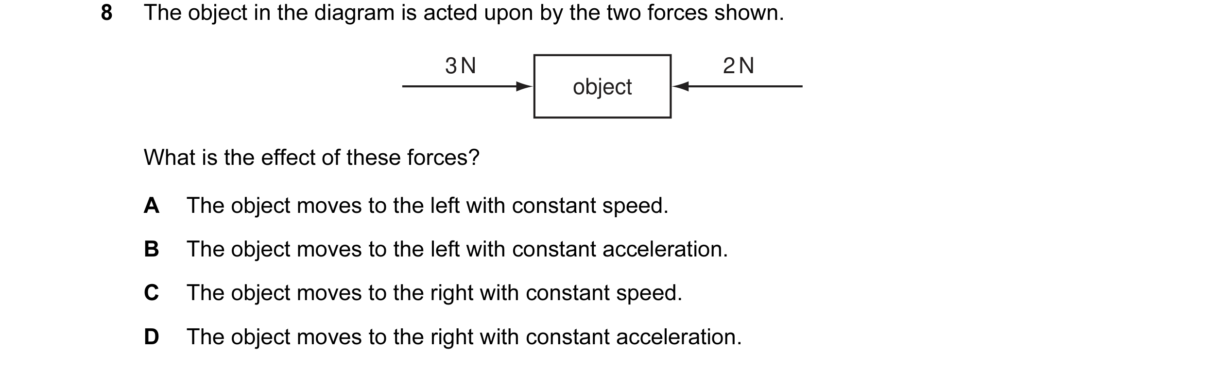 Question 23: The object in the diagram is acted upon by the two forces shown. 3 N 2 N object What is the effect of these forces? A The object moves to t…