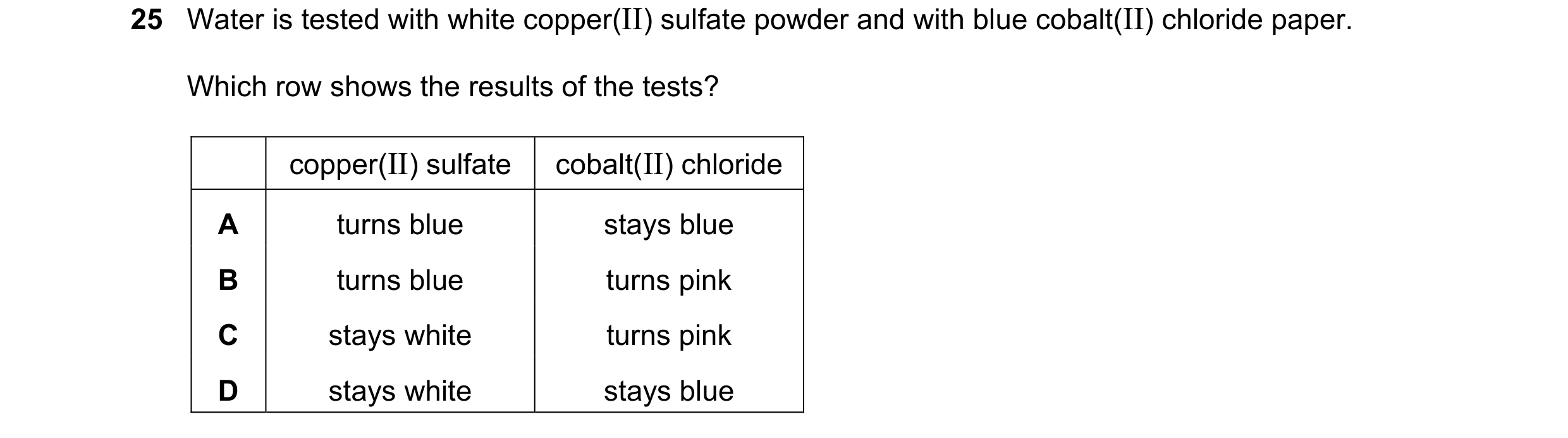 Question 12: Water is tested with white copper(II) sulfate powder and with blue cobalt(II) chloride paper. Which row shows the results of the tests? cop…