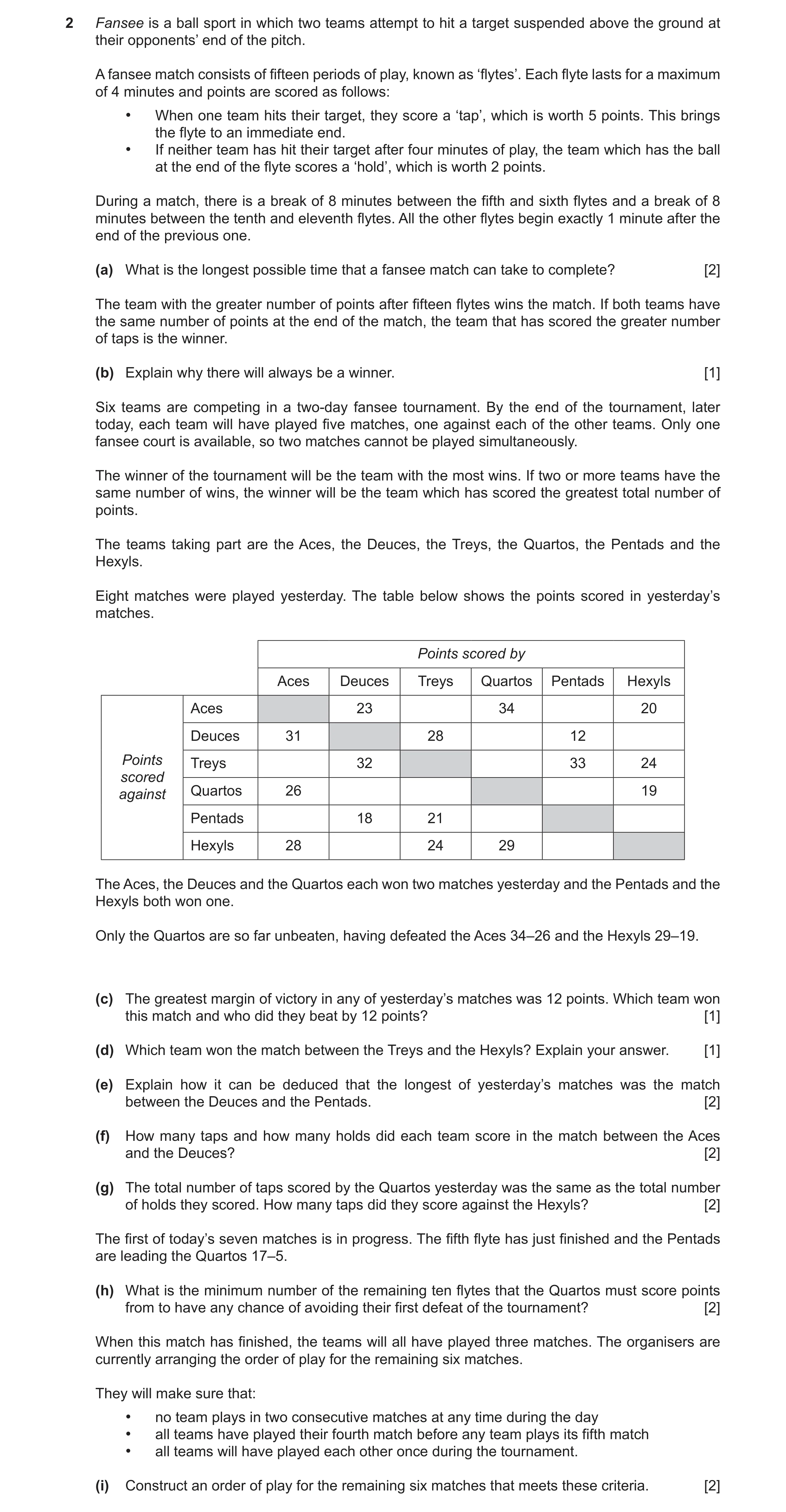 Question 74: Fansee is a ball sport in which two teams attempt to hit a target suspended above the ground at their opponents’ end of the pitch. A fansee…