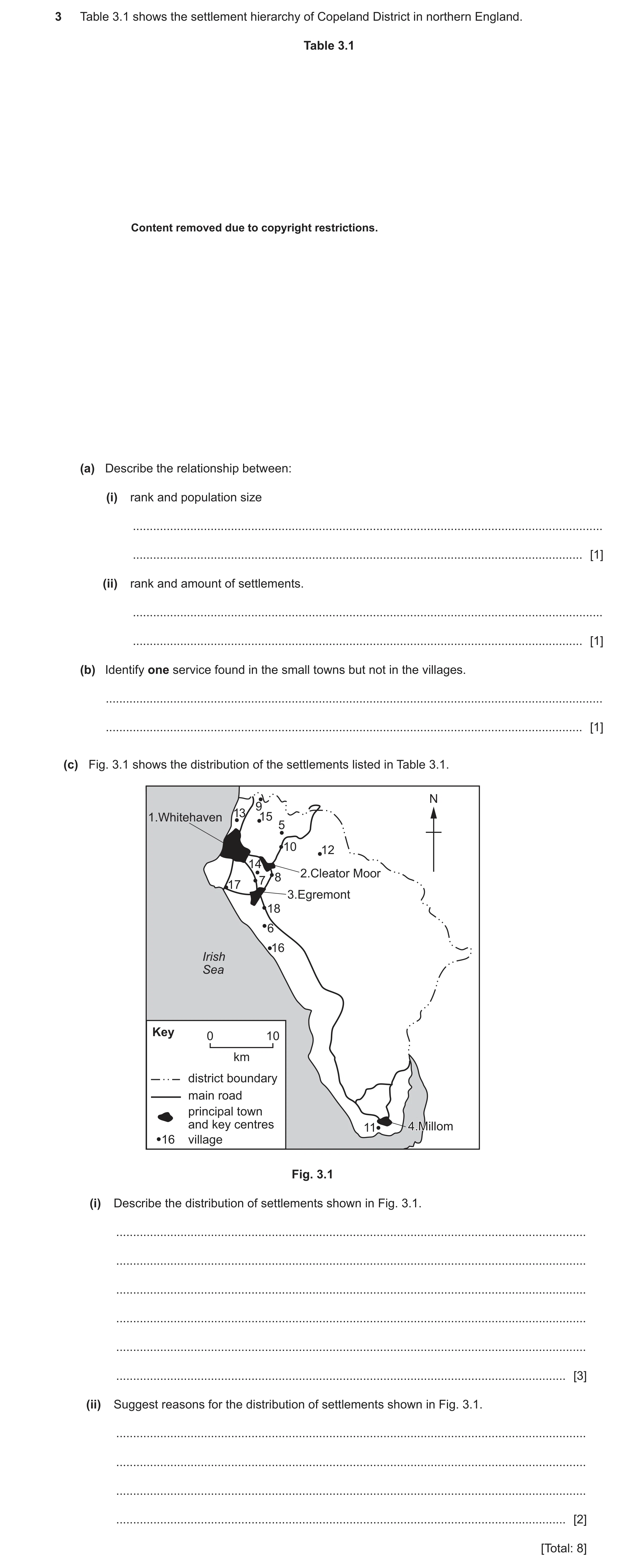 Question 21: Table 3.1 shows the settlement hierarchy of Copeland District in northern England. Table 3.1 Content removed due to copyright restrictions.…