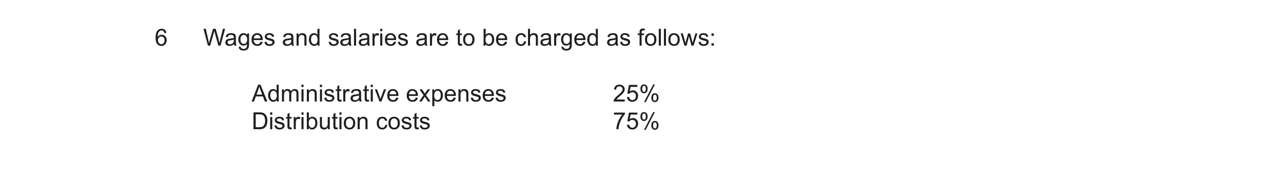 Question 16: Wages and salaries are to be charged as follows: Administrative expenses 25% Distribution costs 75%