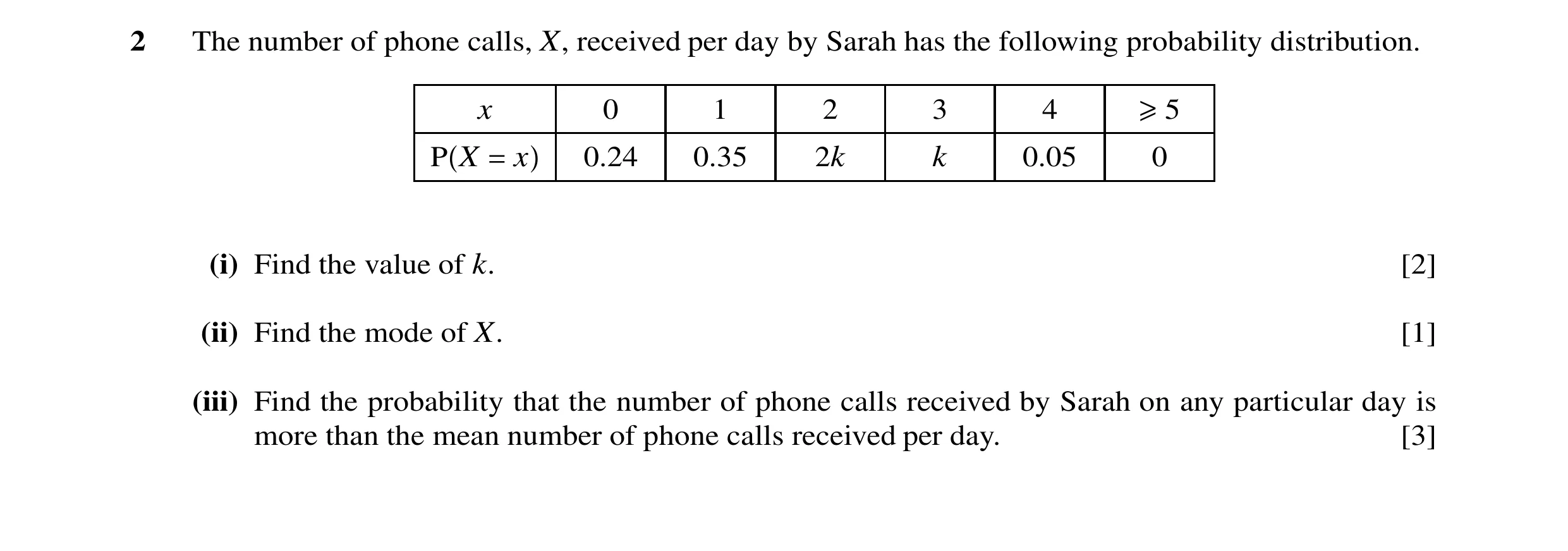Question 29: The number of phone calls, X, received per day by Sarah has the following probability distribution. x 0 1 2 3 4 ≥5 P X = x 0.24 0.35 2k k 0…