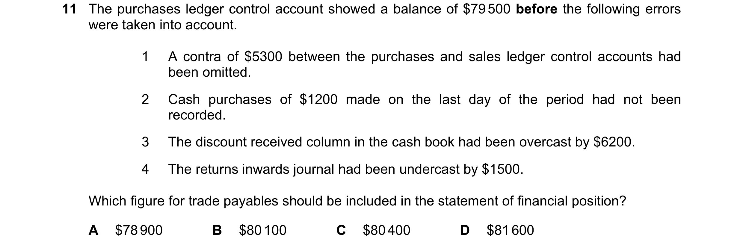 Question 352: The purchases ledger control account showed a balance of $79 500 before the following errors were taken into account. 1 A contra of $5300 b…