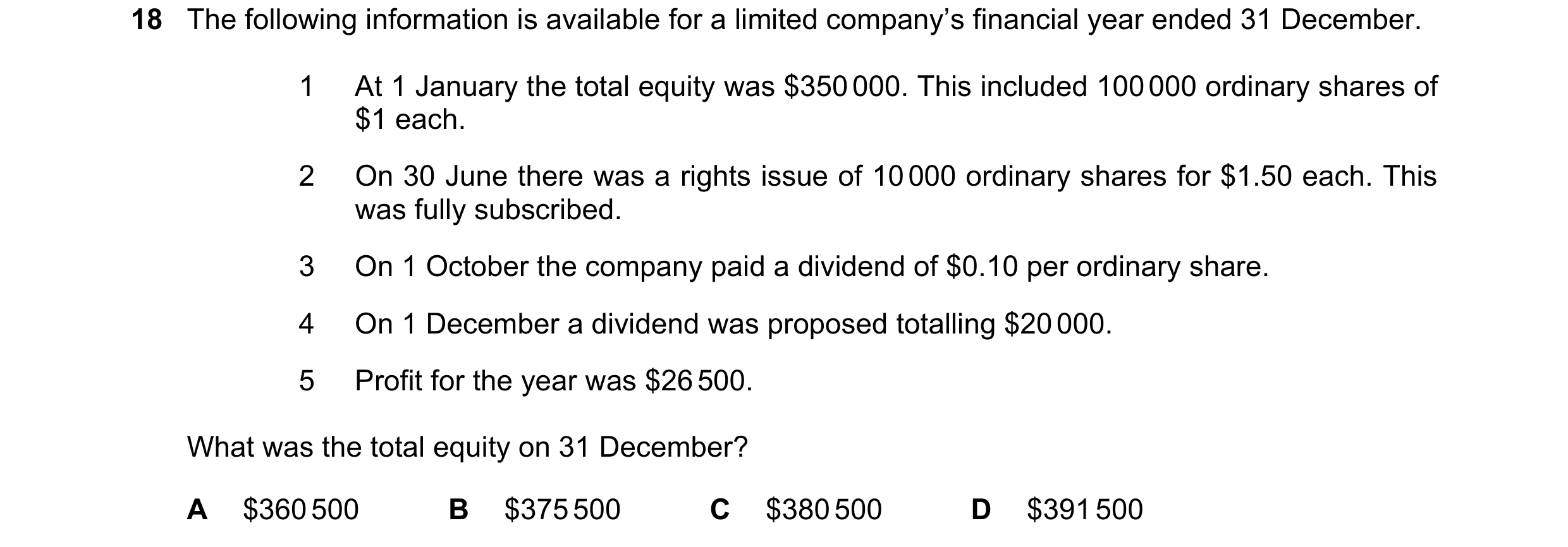 Question 776: The following information is available for a limited company’s financial year ended 31 December. 1 At 1 January the total equity was $350 0…