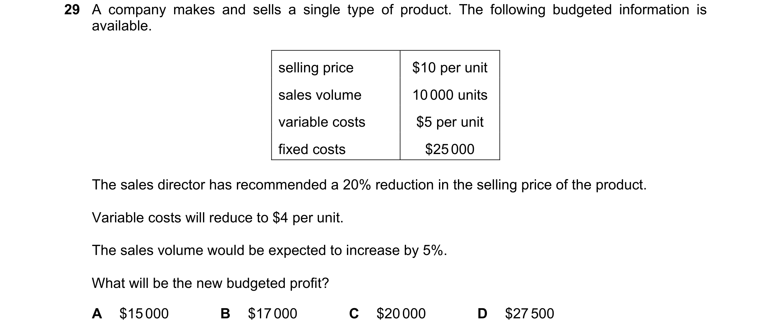 Question 379: A company makes and sells a single type of product. The following budgeted information is available. selling price $10 per unit sales volum…