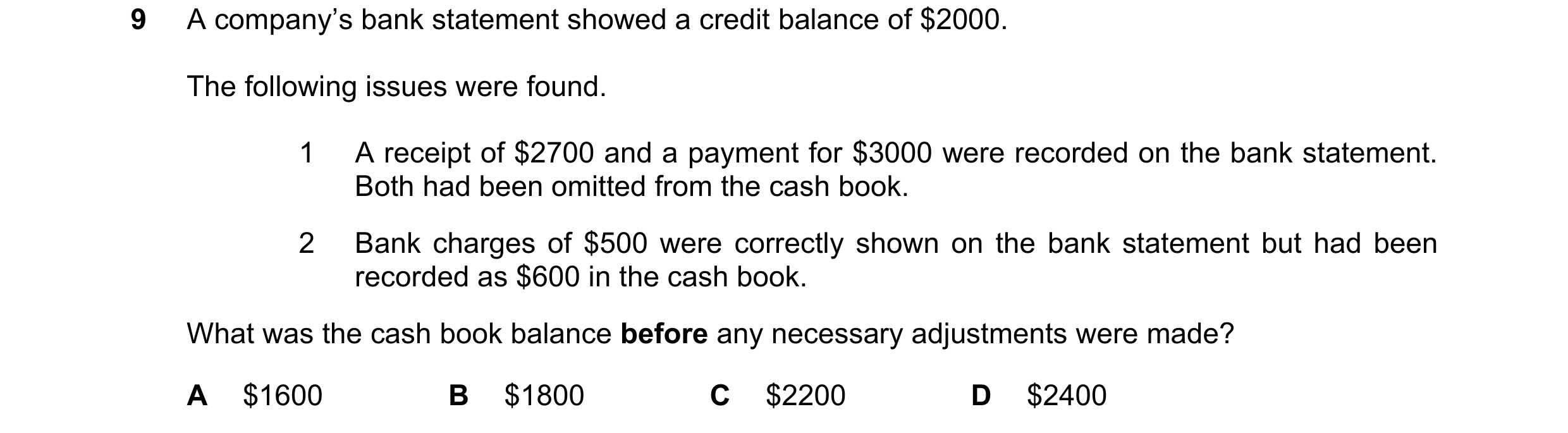 Question 350: A company’s bank statement showed a credit balance of $2000. The following issues were found. 1 A receipt of $2700 and a payment for $3000 …