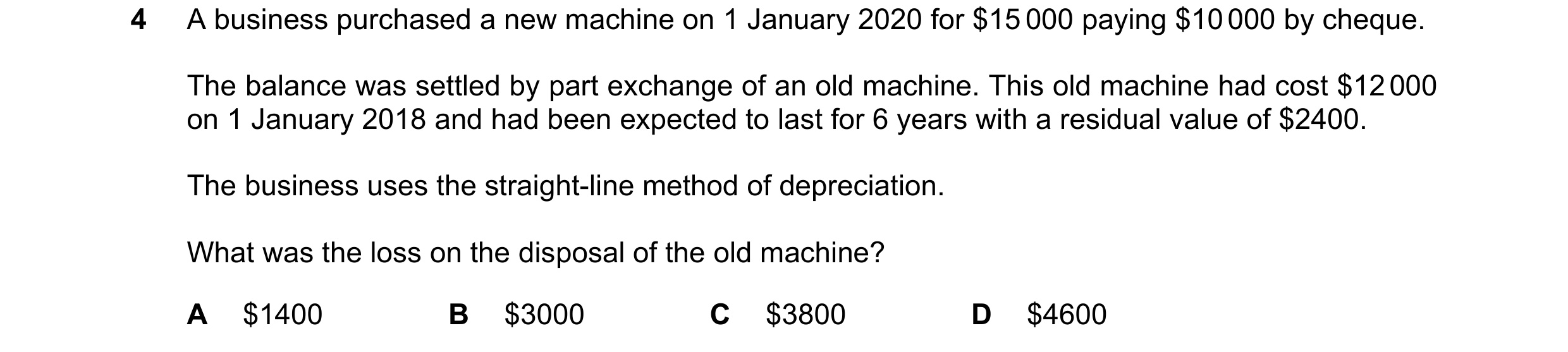 Question 194: A business purchased a new machine on 1 January 2020 for $15 000 paying $10 000 by cheque. The balance was settled by part exchange of an o…