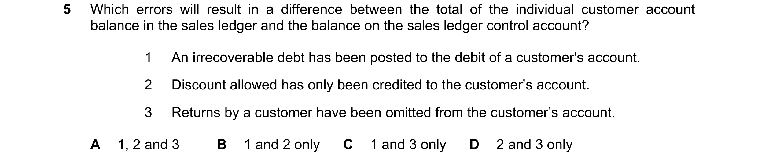 Question 269: Which errors will result in a difference between the total of the individual customer account balance in the sales ledger and the balance o…