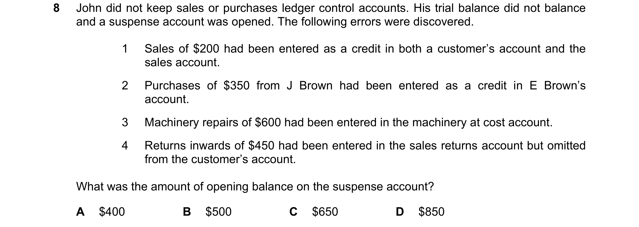 Question 272: John did not keep sales or purchases ledger control accounts. His trial balance did not balance and a suspense account was opened. The foll…