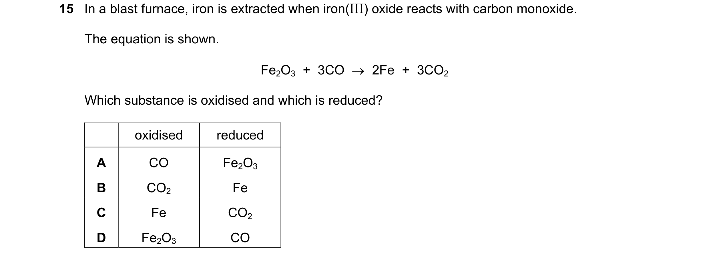 Question 3: In a blast furnace, iron is extracted when iron(III) oxide reacts with carbon monoxide. The equation is shown. Fe2O3 + 3CO → 2Fe + 3C…