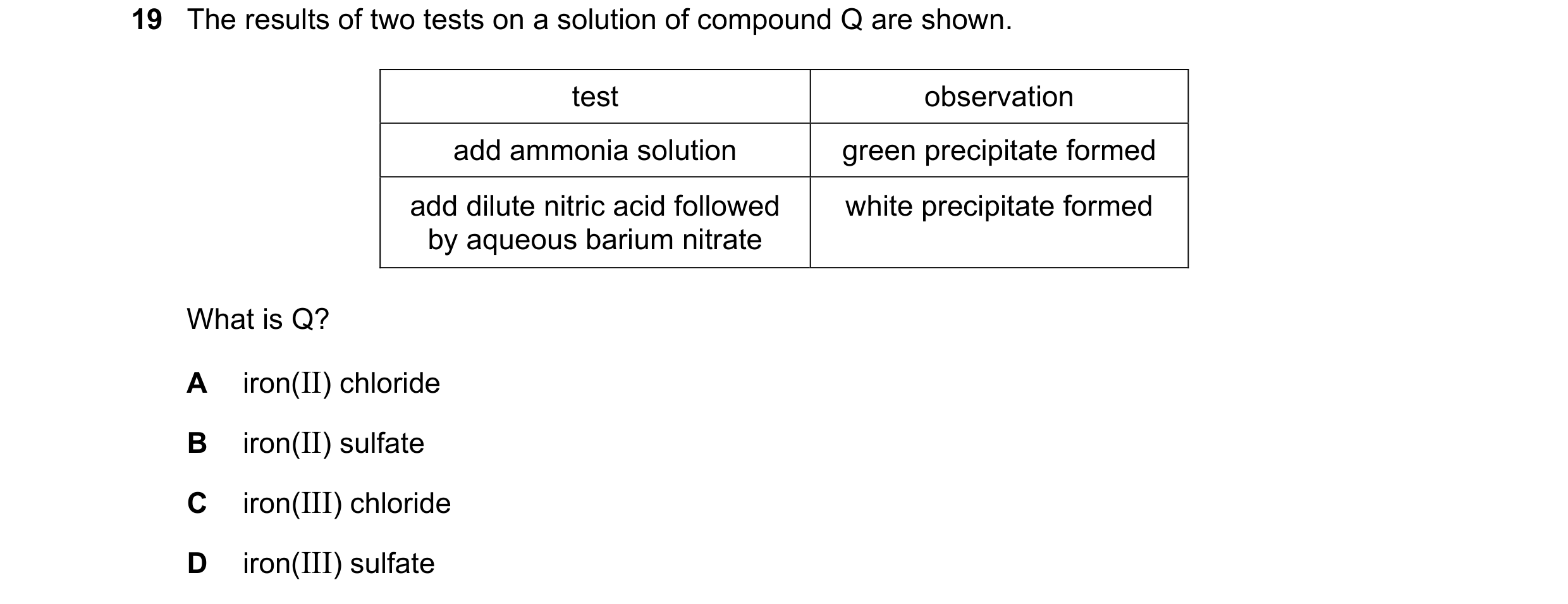 Question 4: The results of two tests on a solution of compound Q are shown. test observation add ammonia solution green precipitate formed add dilute n…