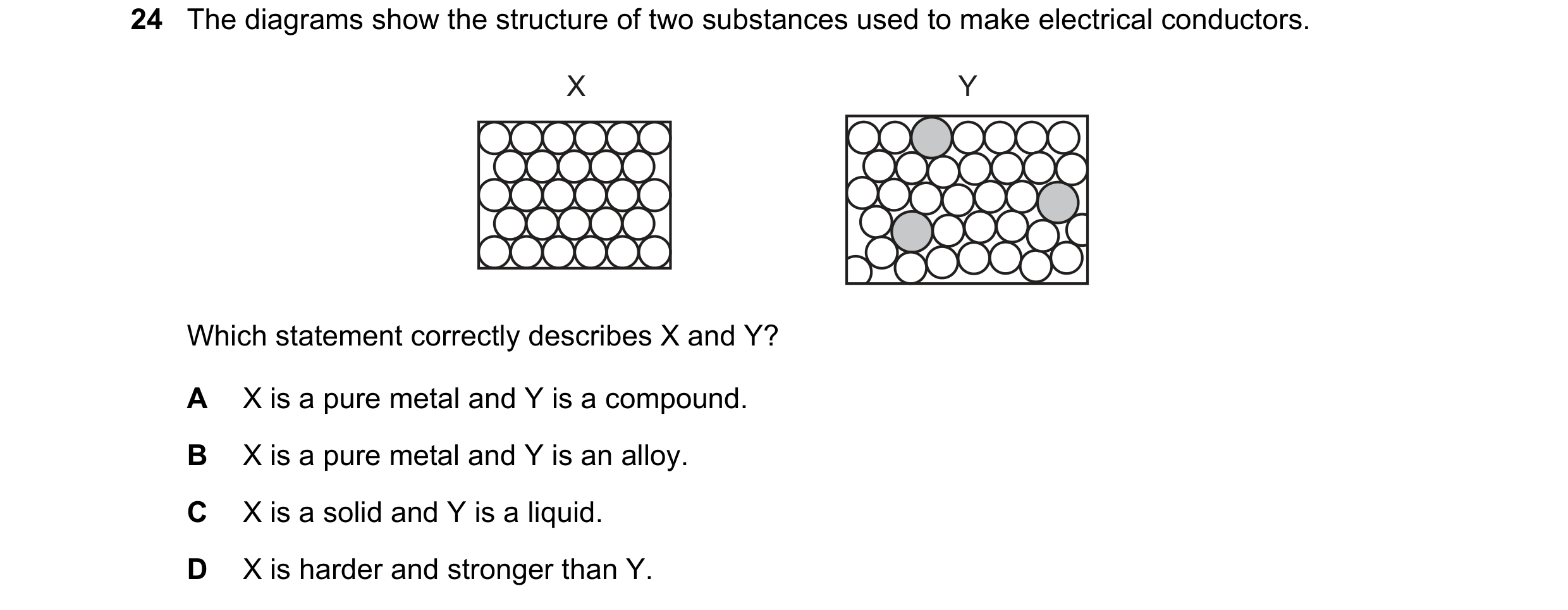 Question 2: The diagrams show the structure of two substances used to make electrical conductors. X Y Which statement correctly describes X and Y? A X …