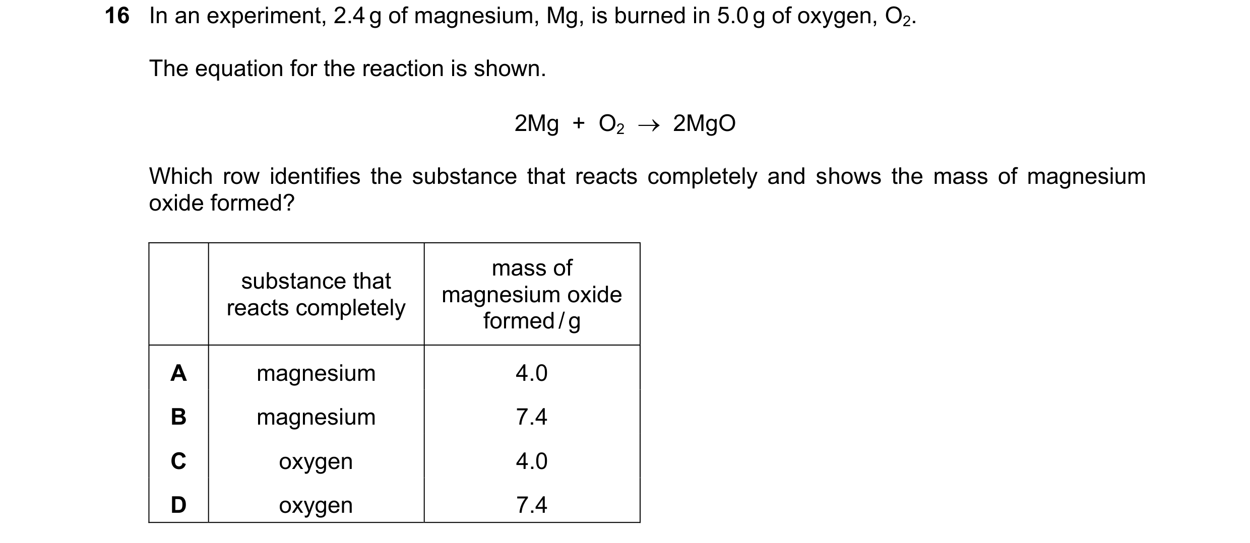 Question 22: In an experiment, 2.4 g of magnesium, Mg, is burned in 5.0 g of oxygen, O2. The equation for the reaction is shown. 2Mg + O2 2MgO Whi…