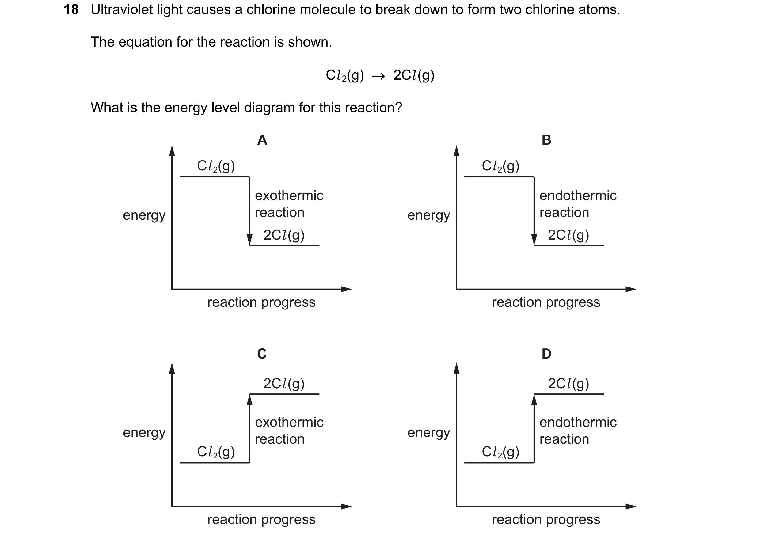 Question 23: Ultraviolet light causes a chlorine molecule to break down to form two chlorine atoms. The equation for the reaction is shown. Cl 2(g)    …