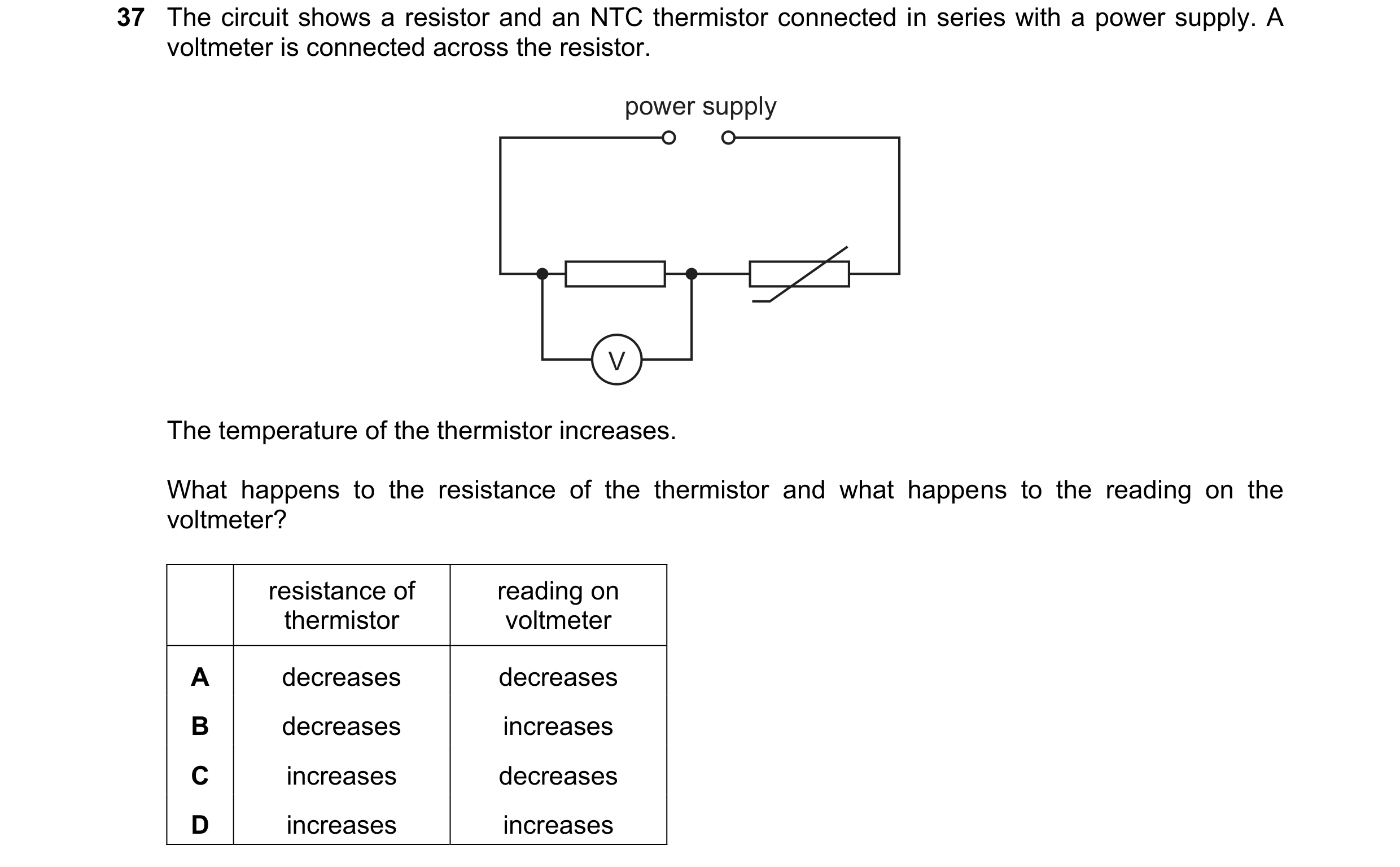 Question 45: The circuit shows a resistor and an NTC thermistor connected in series with a power supply. A voltmeter is connected across the resistor. p…