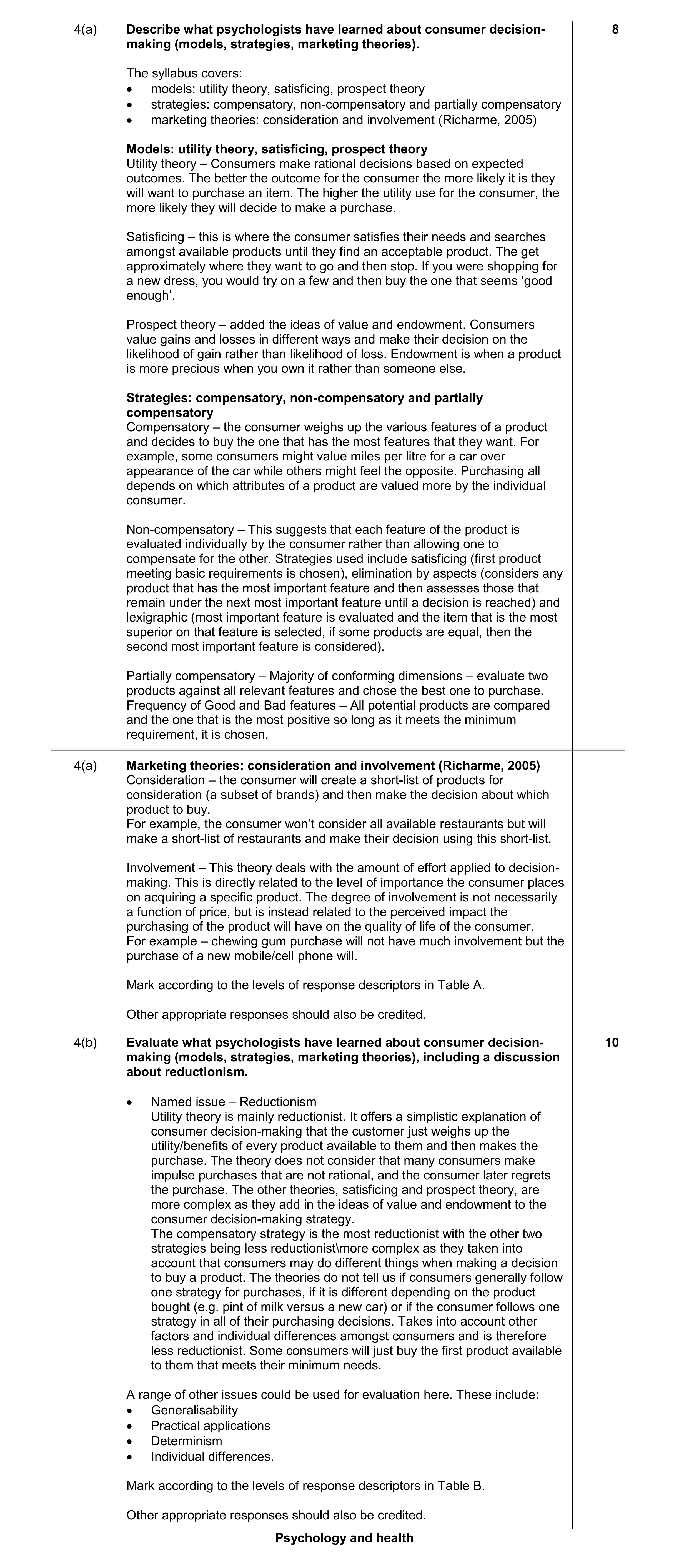 Mark scheme for question 10