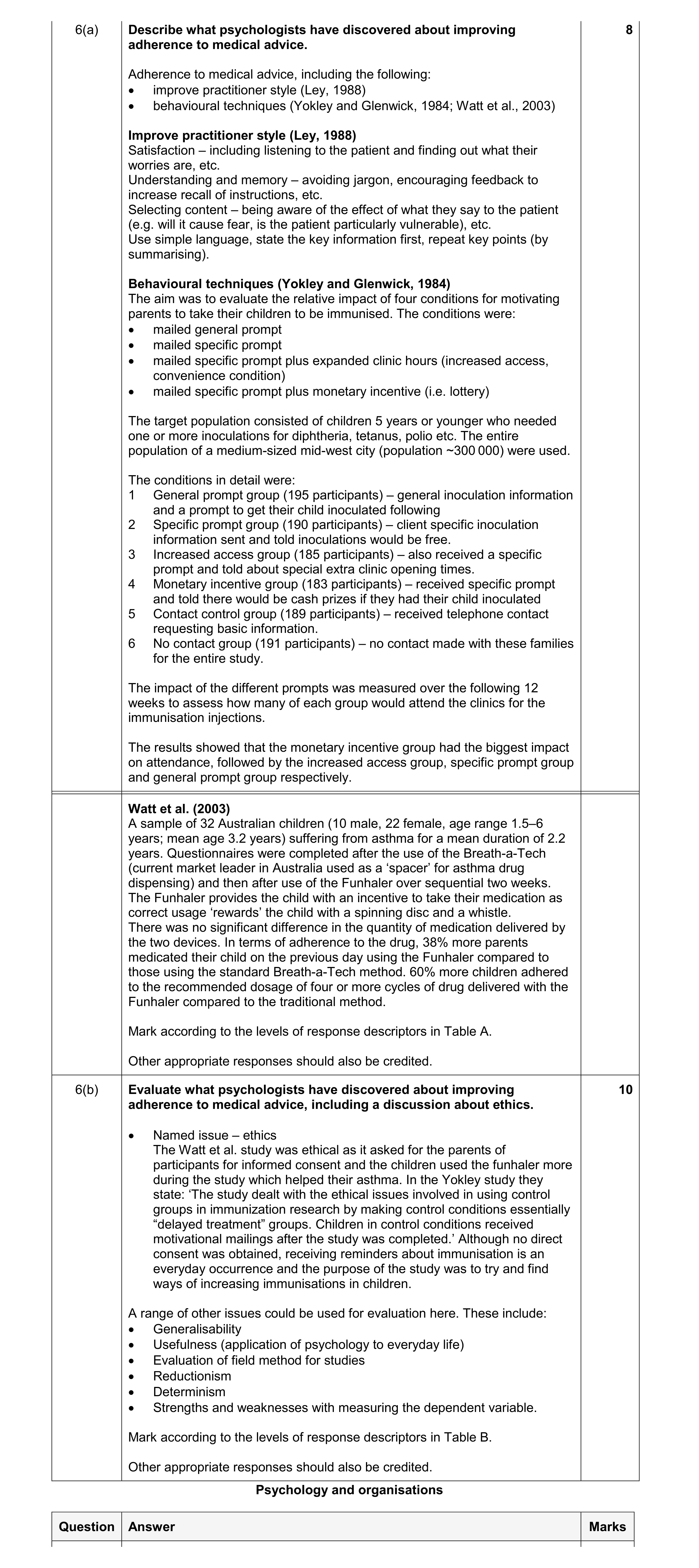 Mark scheme for question 8