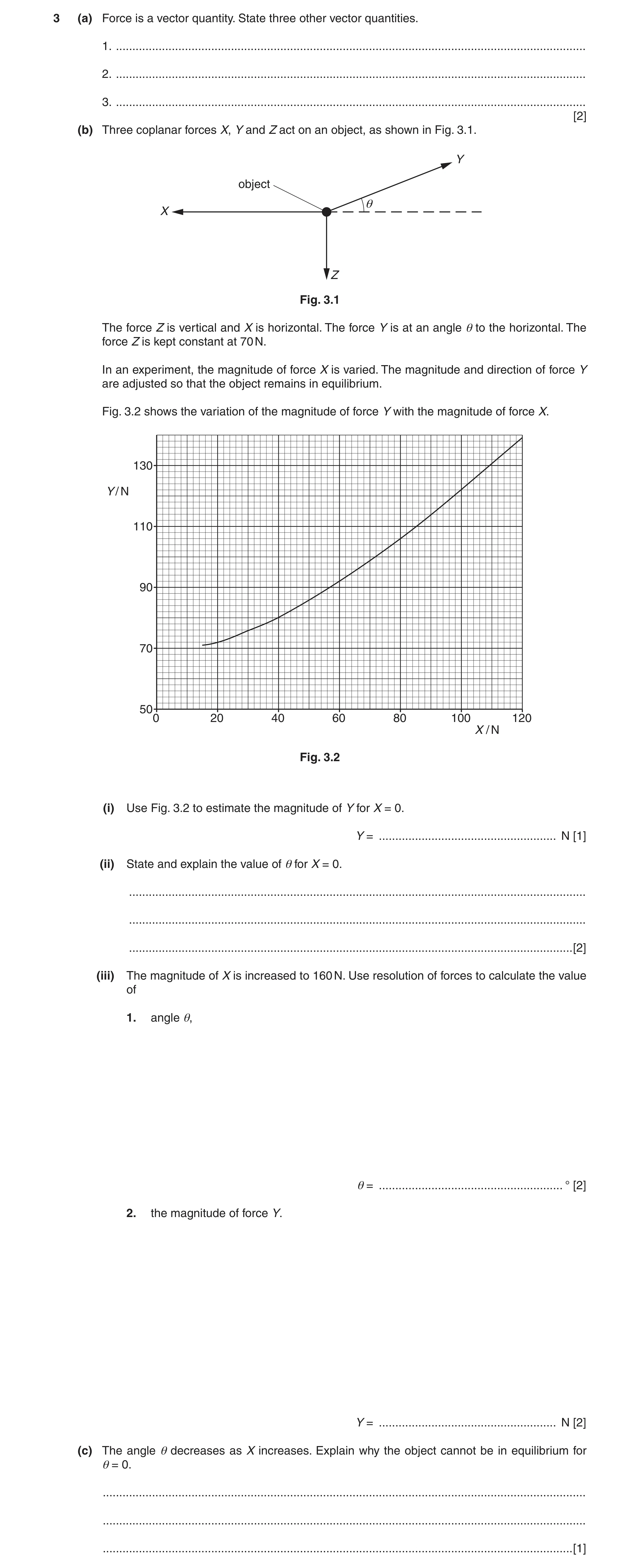 Question 14: (a) Force is a vector quantity. State three other vector quantities. 1. ...................................................................…