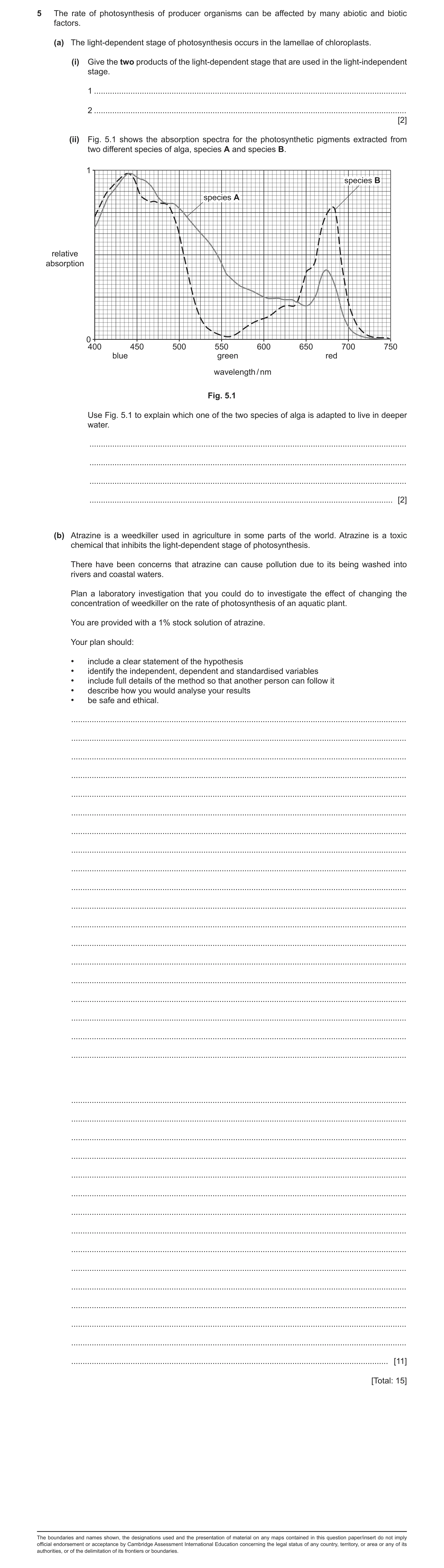 Question 9: The rate of photosynthesis of producer organisms can be affected by many abiotic and biotic factors. (a) The light-dependent stage of photo…