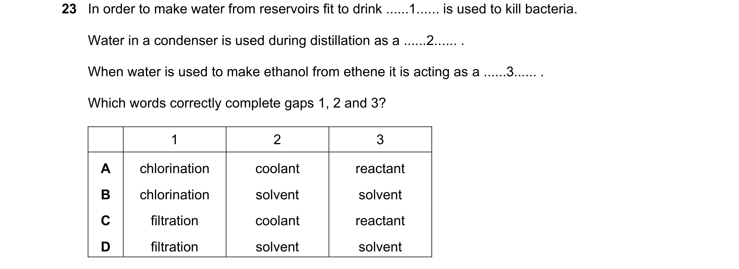 Question 6: In order to make water from reservoirs fit to drink ......1...... is used to kill bacteria. Water in a condenser is used during distillatio…