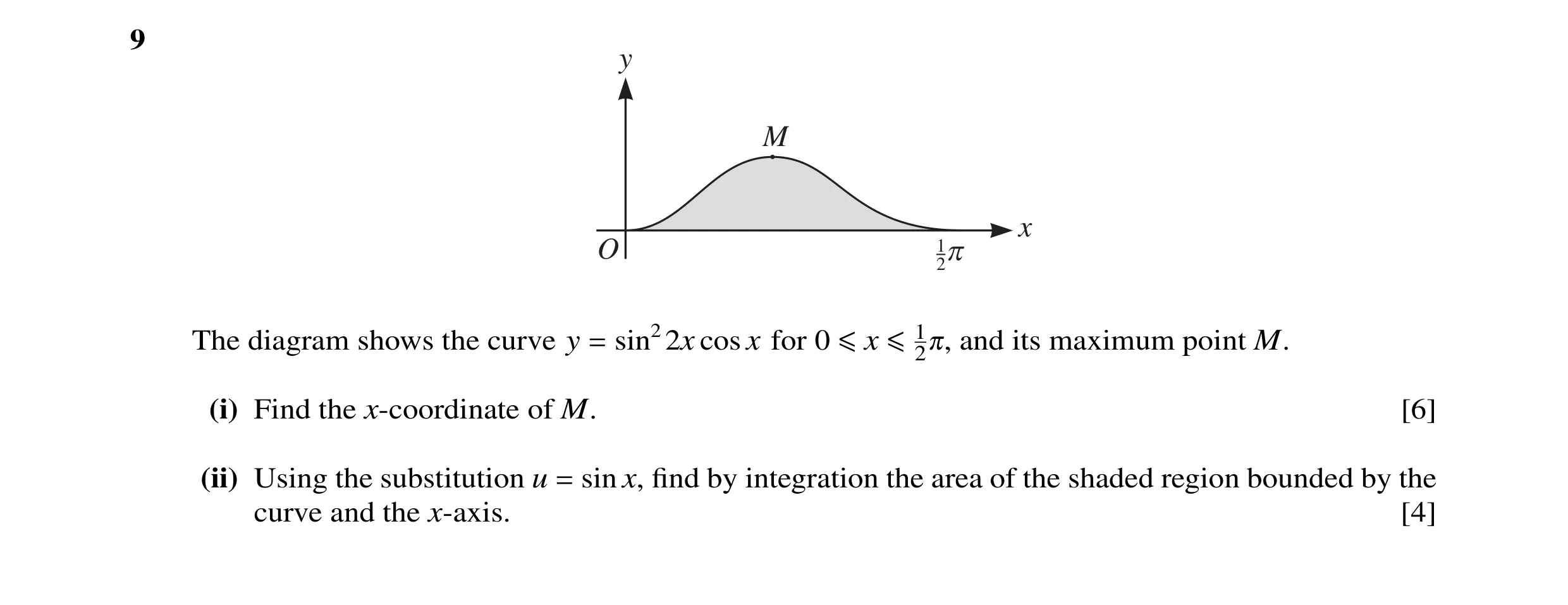 Question 31: y M x O 12 p The diagram shows the curve y sin22x cos x for 0 and its maximum point M. = ≤x ≤120, (i) Find the x-coordinate of M. [6] (ii) …