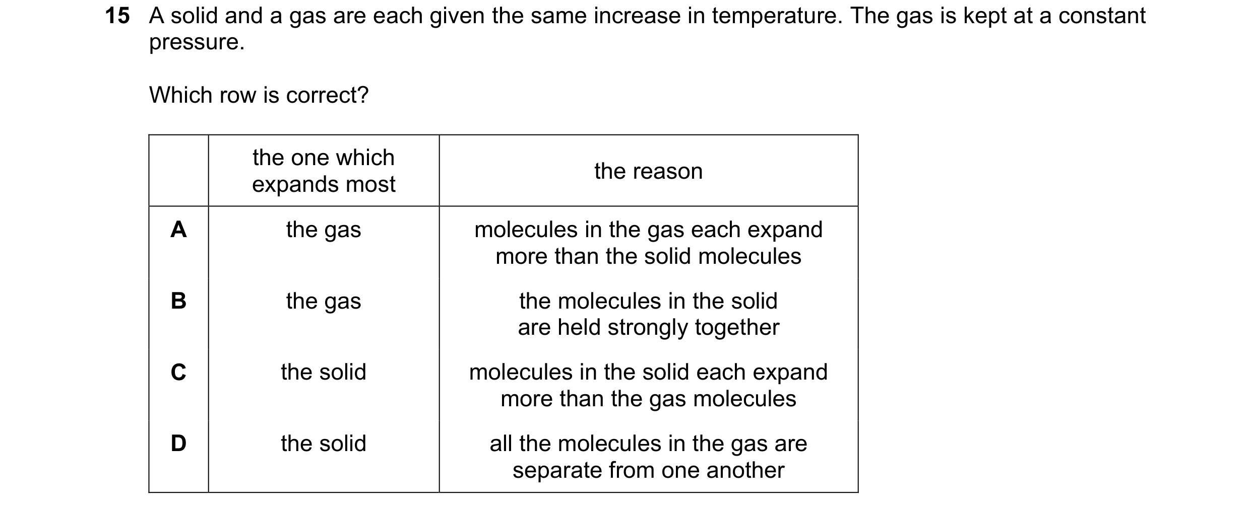 Question 94: A solid and a gas are each given the same increase in temperature. The gas is kept at a constant pressure. Which row is correct? the one wh…