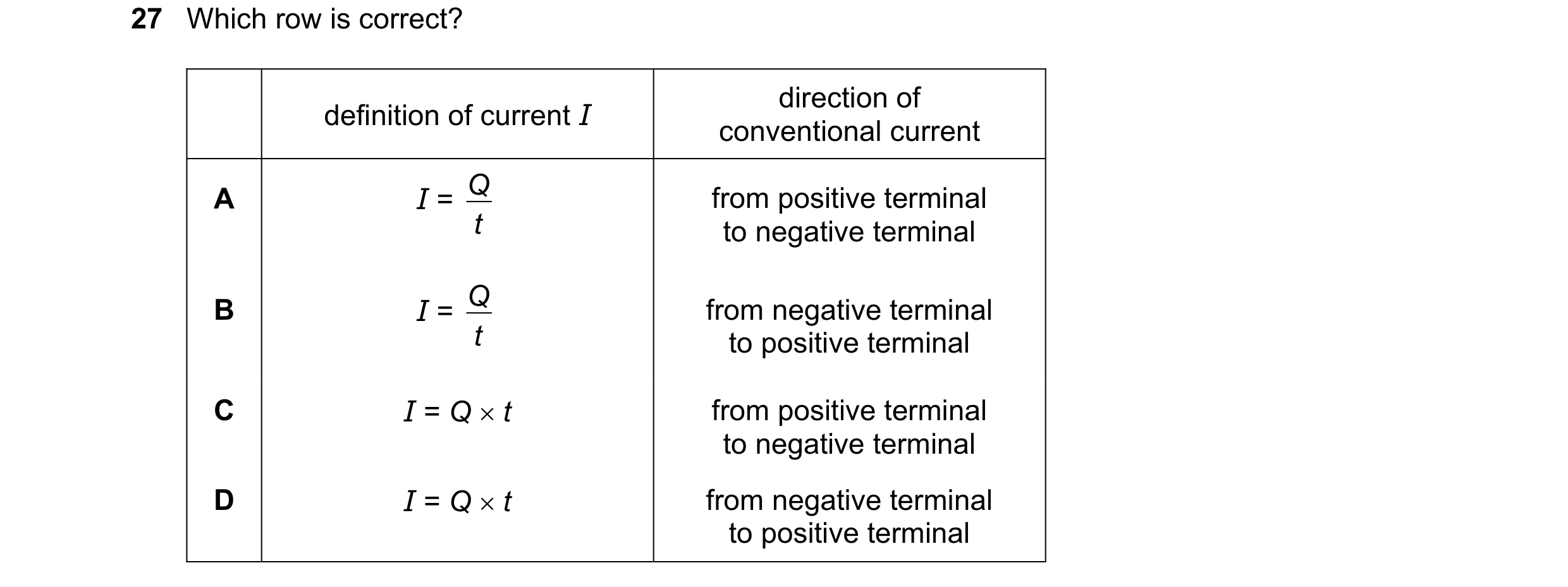 Question 134: Which row is correct? direction of definition of current I conventional current I = Q A from positive terminal t to negative terminal I = Q…