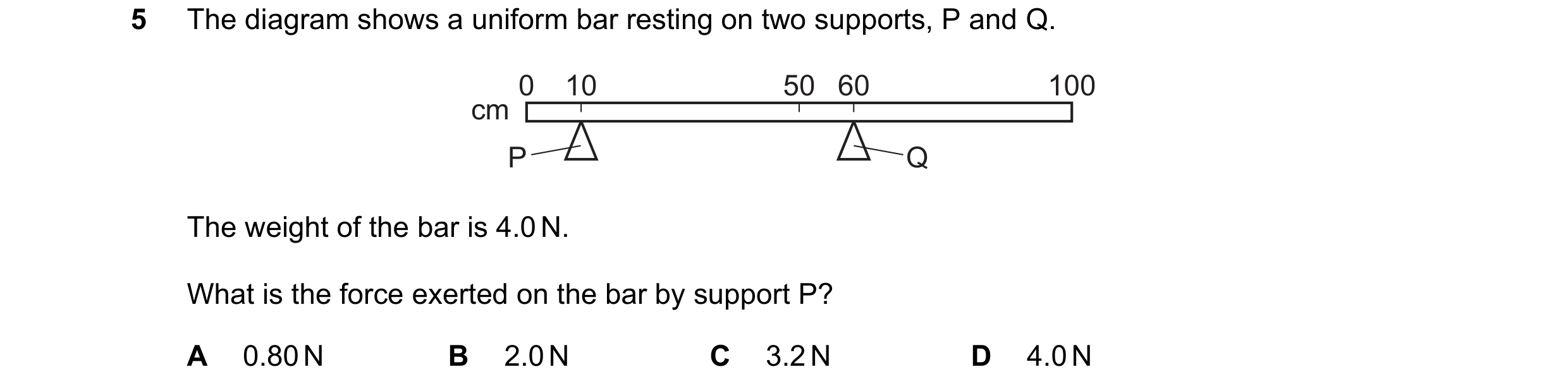 Question 148: The diagram shows a uniform bar resting on two supports, P and Q. 0 10 50 60 100 cm P Q The weight of the bar is 4.0 N. What is the force e…