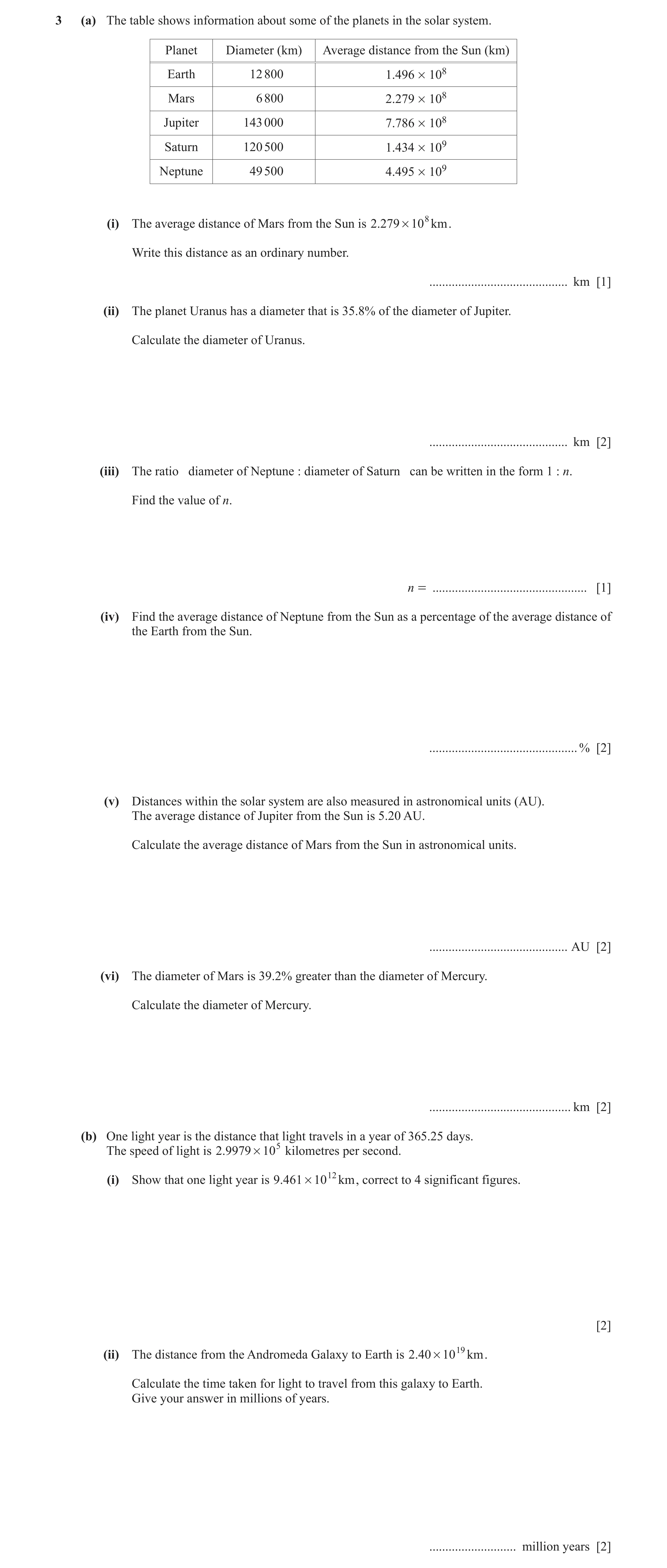 Question 34: (a) The table shows information about some of the planets in the solar system. Planet Diameter (km) Average distance from the Sun (km) Eart…