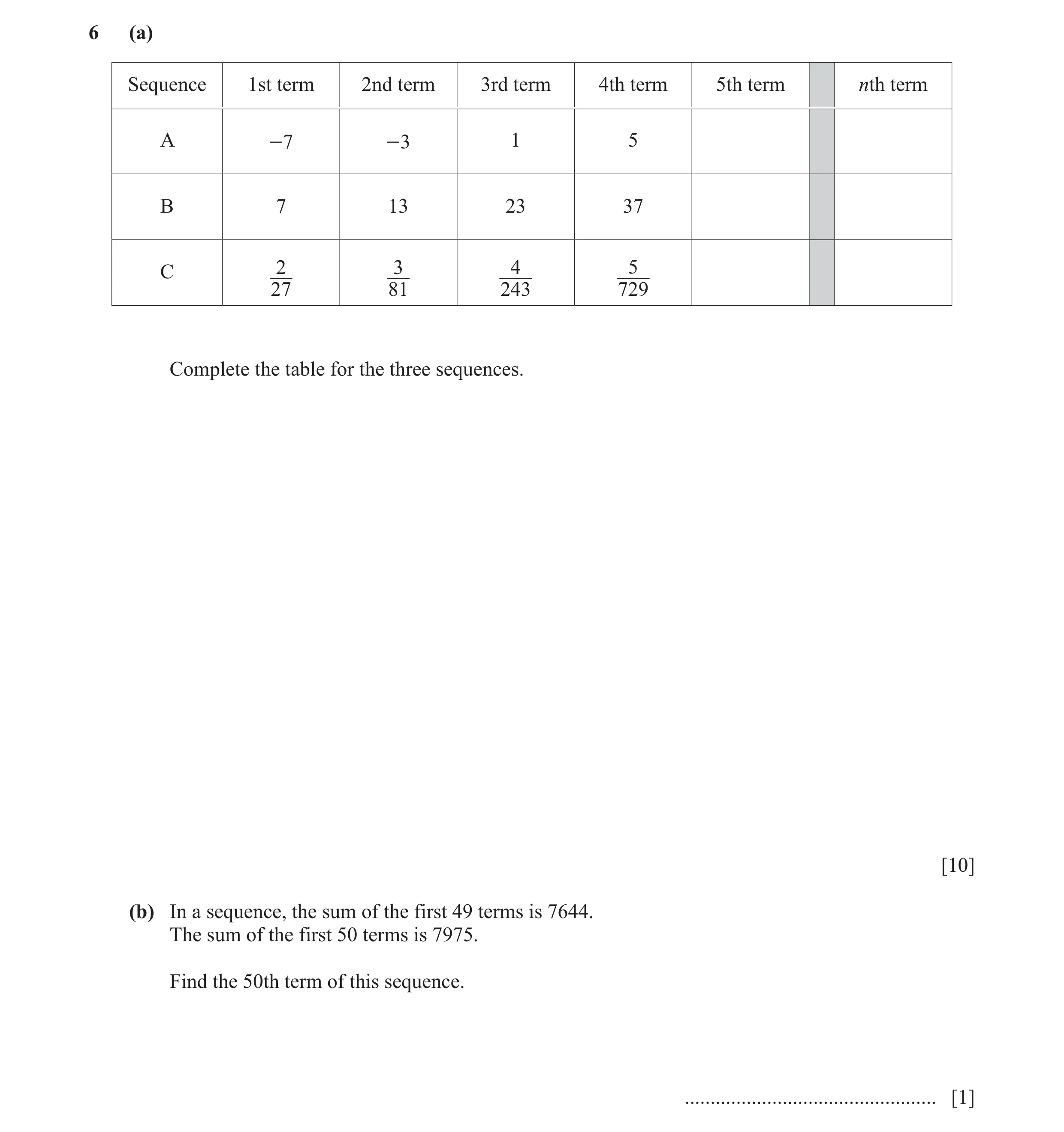 Question 17: (a) Sequence 1st term 2nd term 3rd term 4th term 5th term nth term A -7 -3 1 5 B 7 13 23 37 C 2 3 4 5 27 81 243 729 Complete the table for …