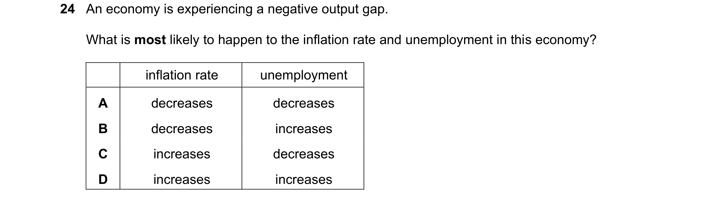 Question 36: An economy is experiencing a negative output gap. What is most likely to happen to the inflation rate and unemployment in this economy? inf…
