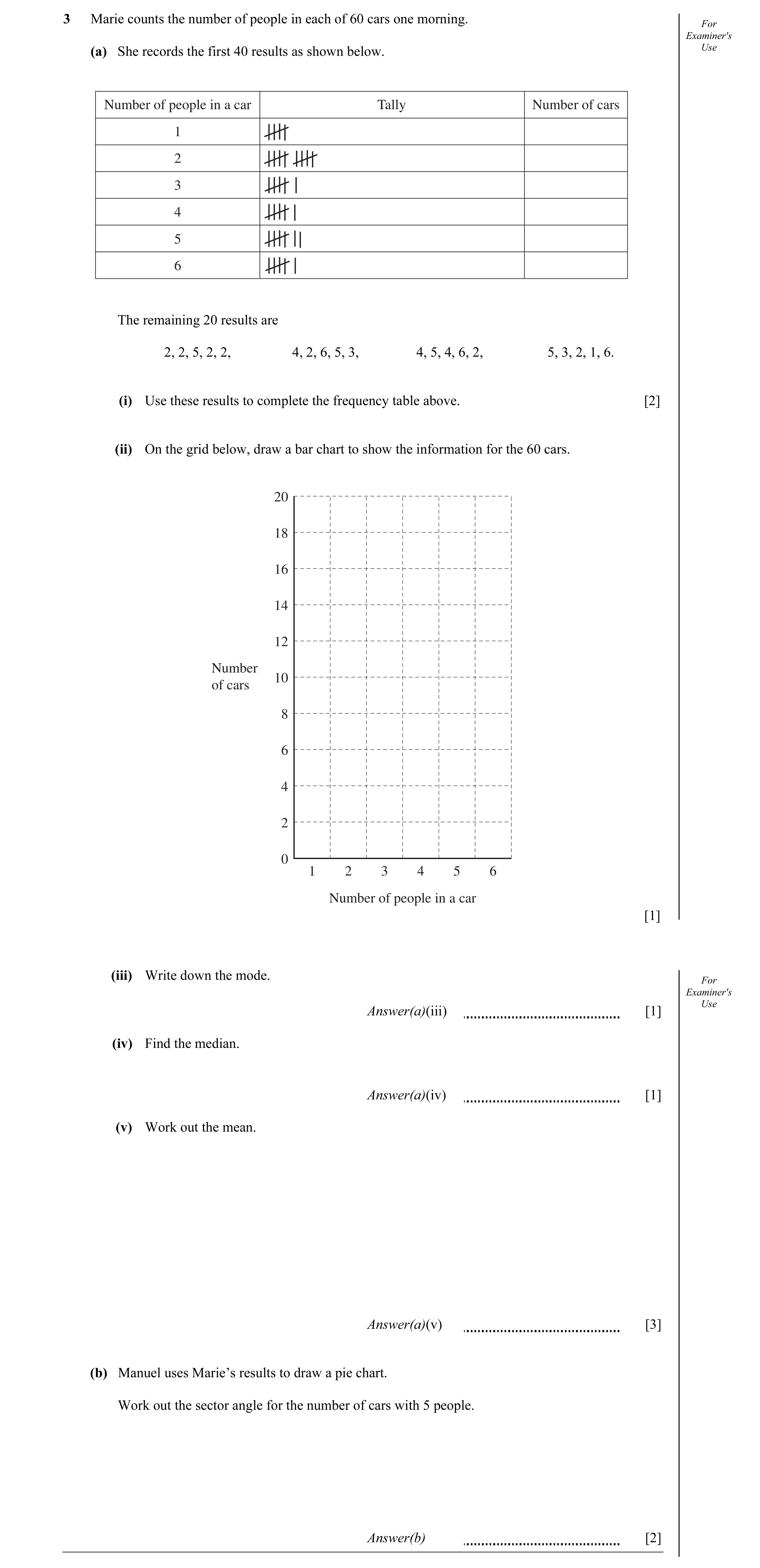 Question 5: Marie counts the number of people in each of 60 cars one morning. For Examiner's (a) She records the first 40 results as shown below. Use N…