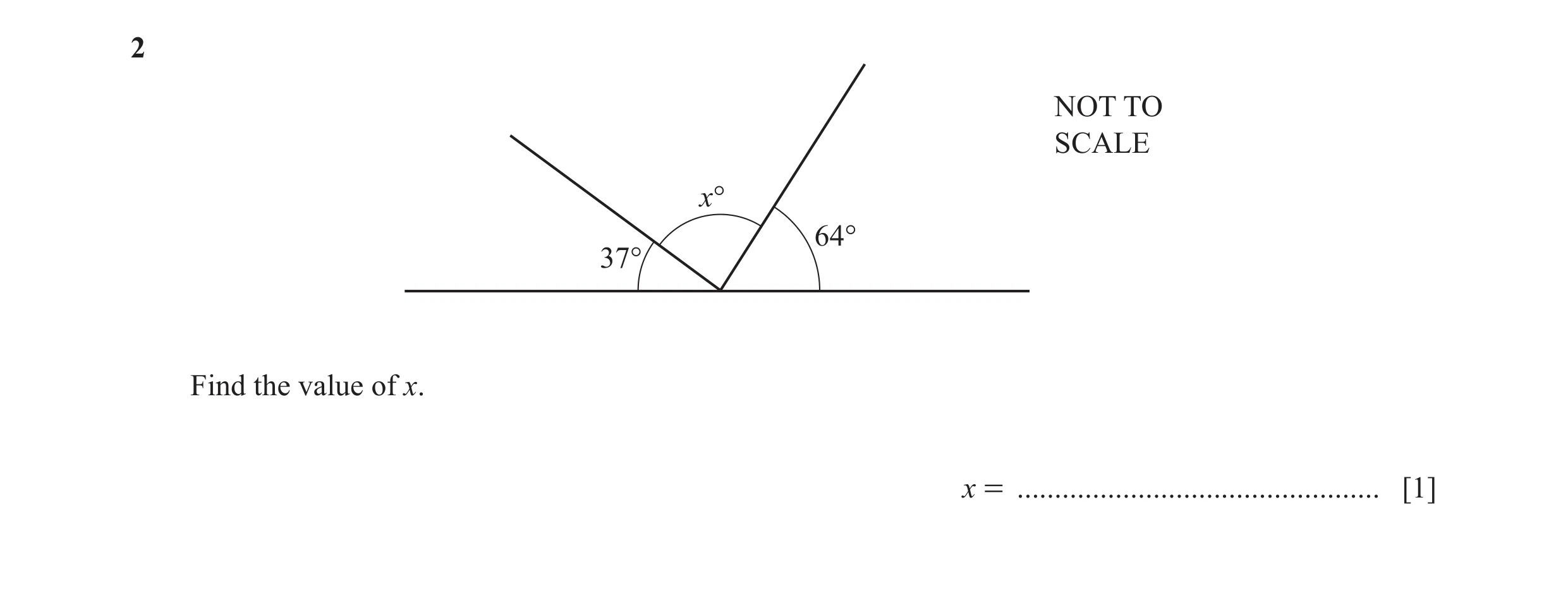 Question 27: NOT TO SCALE x° 64° 37° Find the value of x. x = ................................................ [1]